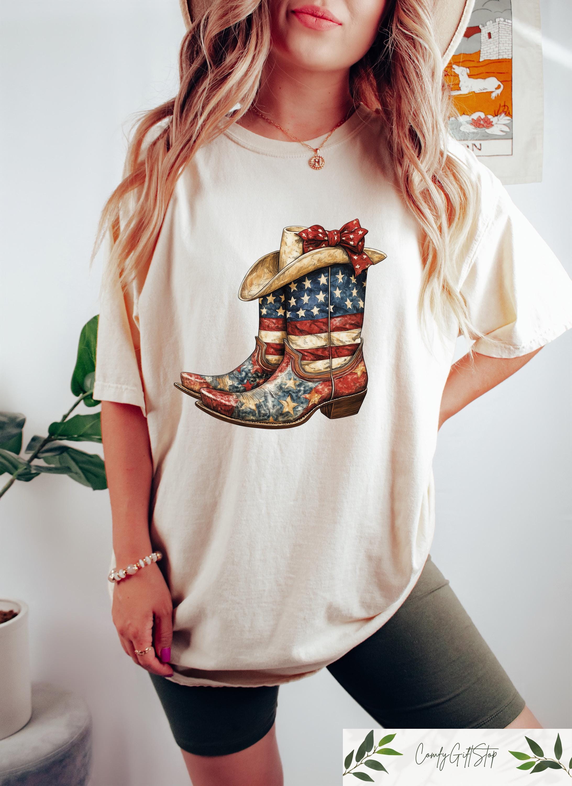 Retro Comfort 4th Of July T shirt American Flag Cowboy Boots Shirt Western USA Sweatshirt 4th Of July Gift Cowgirl Independence Day Tee Sweatshirt – Bold Style · Must-Have Style