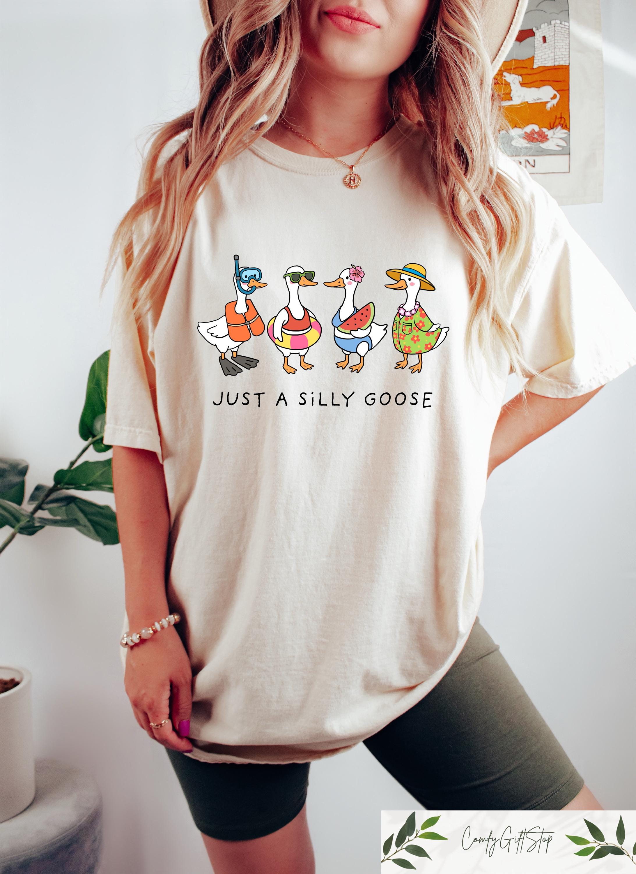 Just A Silly Goose Shirt Funny Goose T shirt Swimming Goose Crewneck Trendy Women Gift Adult Humor Sweatshirt Retro Summer Tee Sweatshirt – Soft Feel · Great Gift For Fans