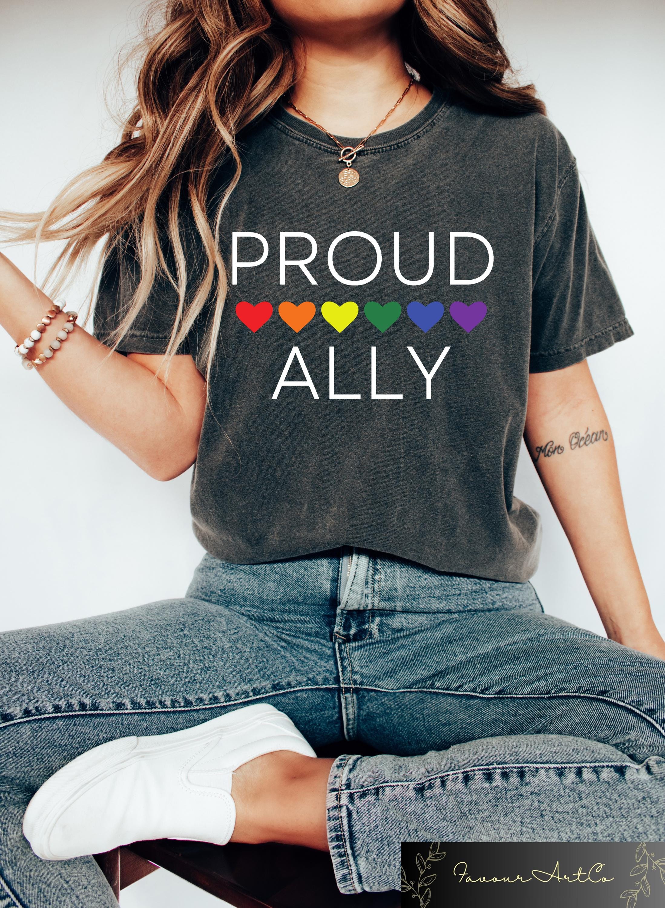 Proud Ally Shirt LGBTQ Ally T shirt LGBTQ Support Sweatshirt Pride Month Gift Human Rights Crewneck Rainbow Hearts Tee Equality Shirt Sweatshirt – Easygoing Wear · High-Quality Print
