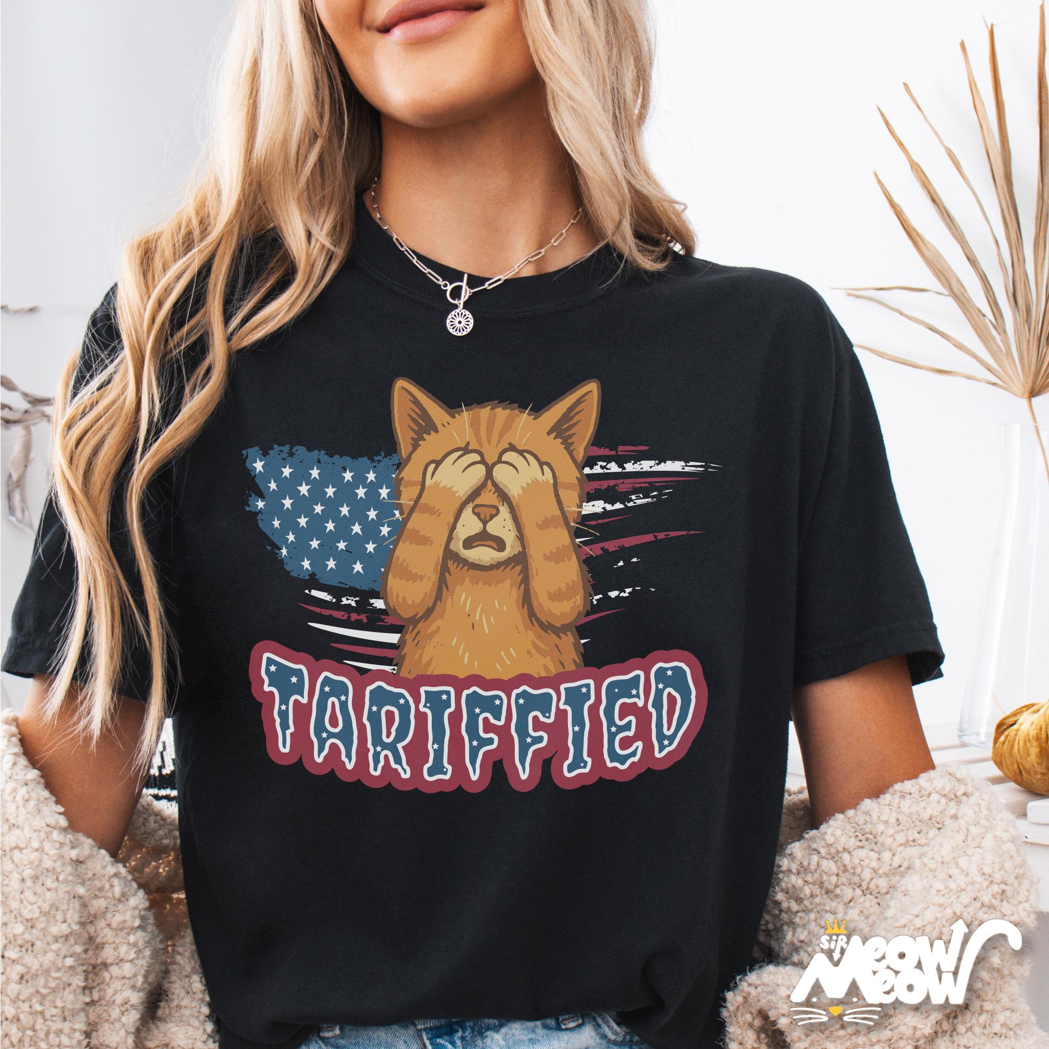 Tariffied Cat Shirt Funny Political T Shirt Anti Tariff Satire Tee Trump Trade War Humor American Flag Cat Pun Shirt Graphic Tee – Premium Graphic · Must-Have Style
