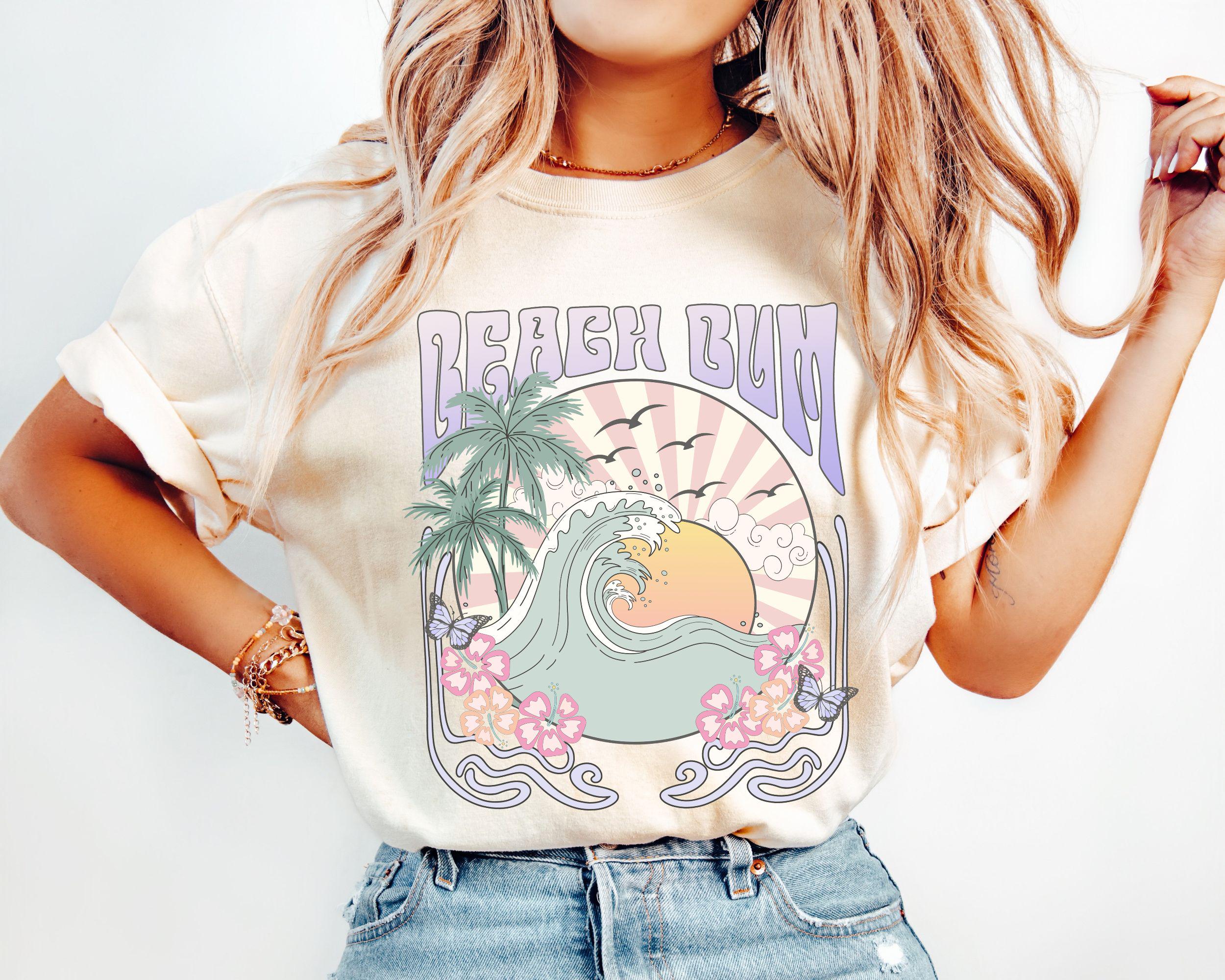 Trendy Beach Bum Summer Shirt Gift For Her Beach Waves Tee Preppy T Shirt Retro Beach Happy Vibes T shirt Summer Sunset Pastel Shirt Graphic Tee – Warm & Stylish · Trending Graphic Apparel