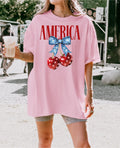 4th of July Coquette Cherry Shirt Flag Shirt USA Tshirt Retro 4th of July Shirt Bow Tee Patriotic Shirt Women T shirt Graphic Tee – Feel-Good Design · Perfect For Daily Wear