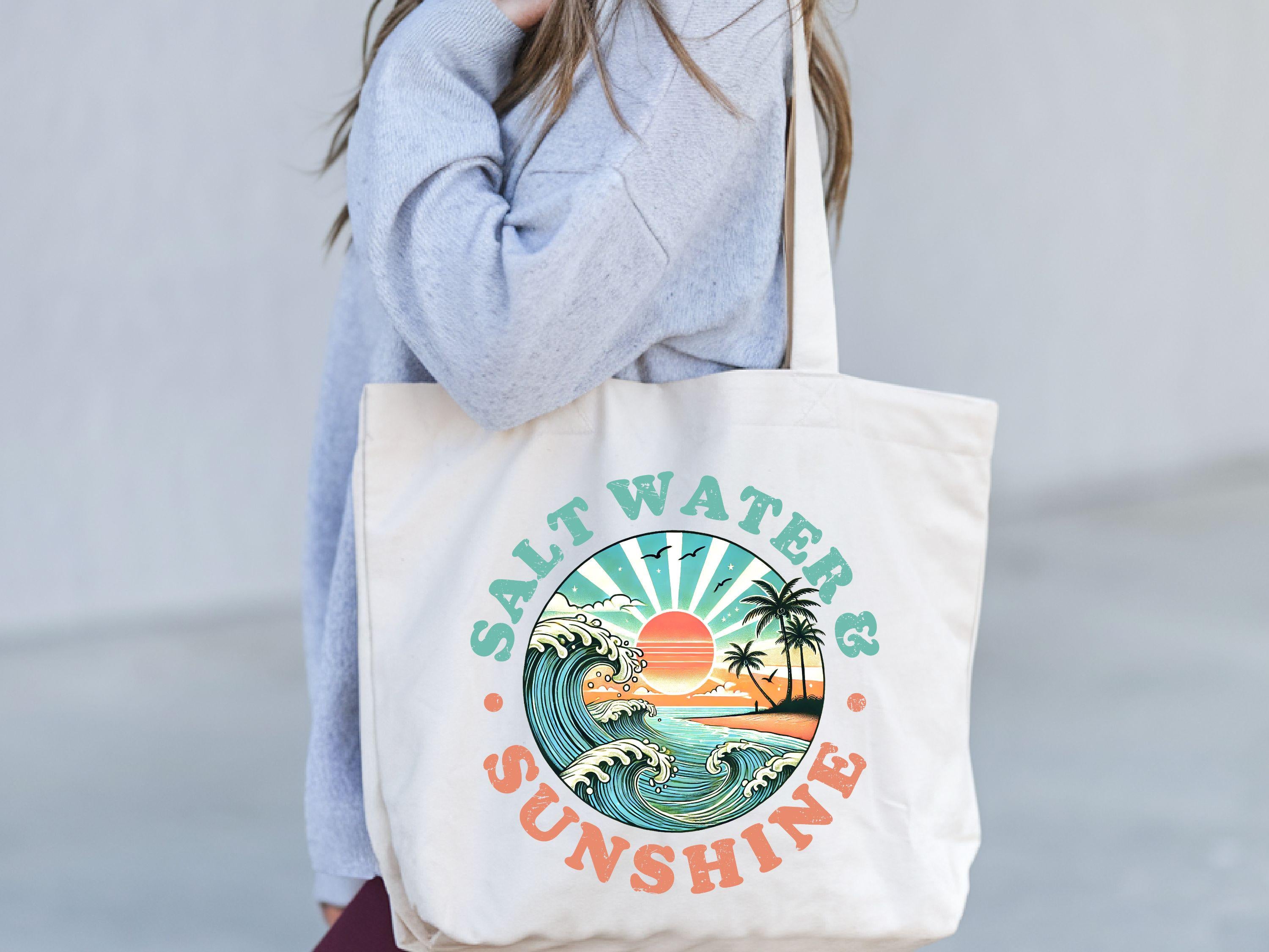 Salt Water and Sun Shine Canvas Tote Bag Salty Summer Tote Beach Vacation Gift Vintage Summer Tote Beach Vibes Tote Summer Life Gift Tote Bag – Easygoing Wear · Trending Graphic Apparel
