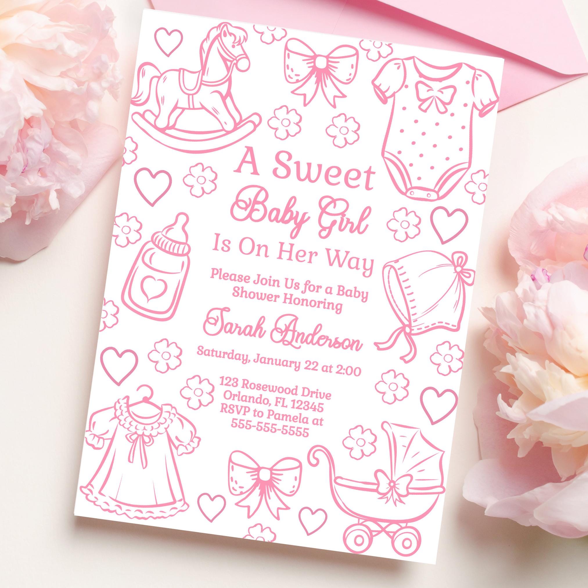 Editable Pink Baby Shower Invitation Baby Girl is on the Way Invite Pink Toile de Jouy Baby Shower Invitation Template Chinoiserie Baby PC1 Graphic Tee – Easygoing Wear · High-Quality Print