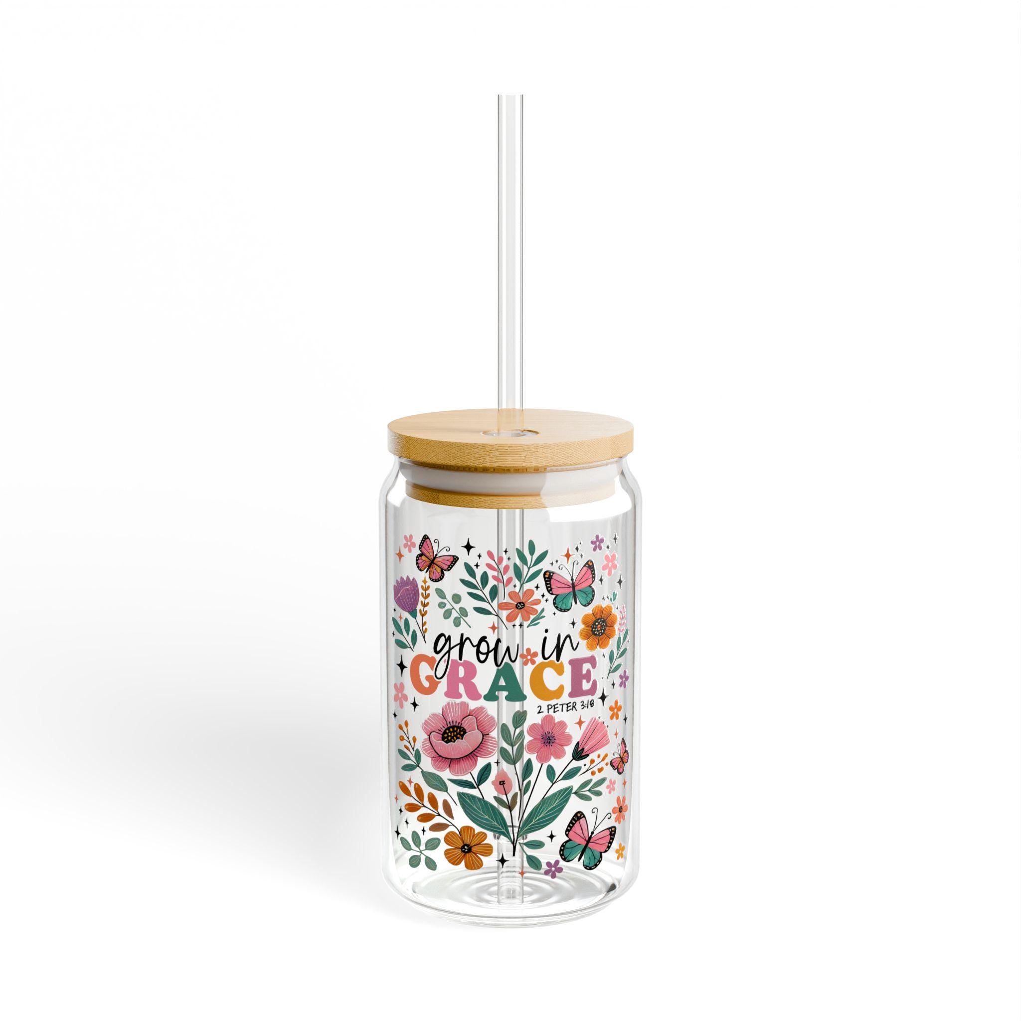 Botanical Sipper Glass Grow in Grace Quote Christian Bible Verse Glass Flowers Glass Floral Design Water Mug Perfect Gift for Friends Graphic Tee – Bold Style · Trending Graphic Apparel