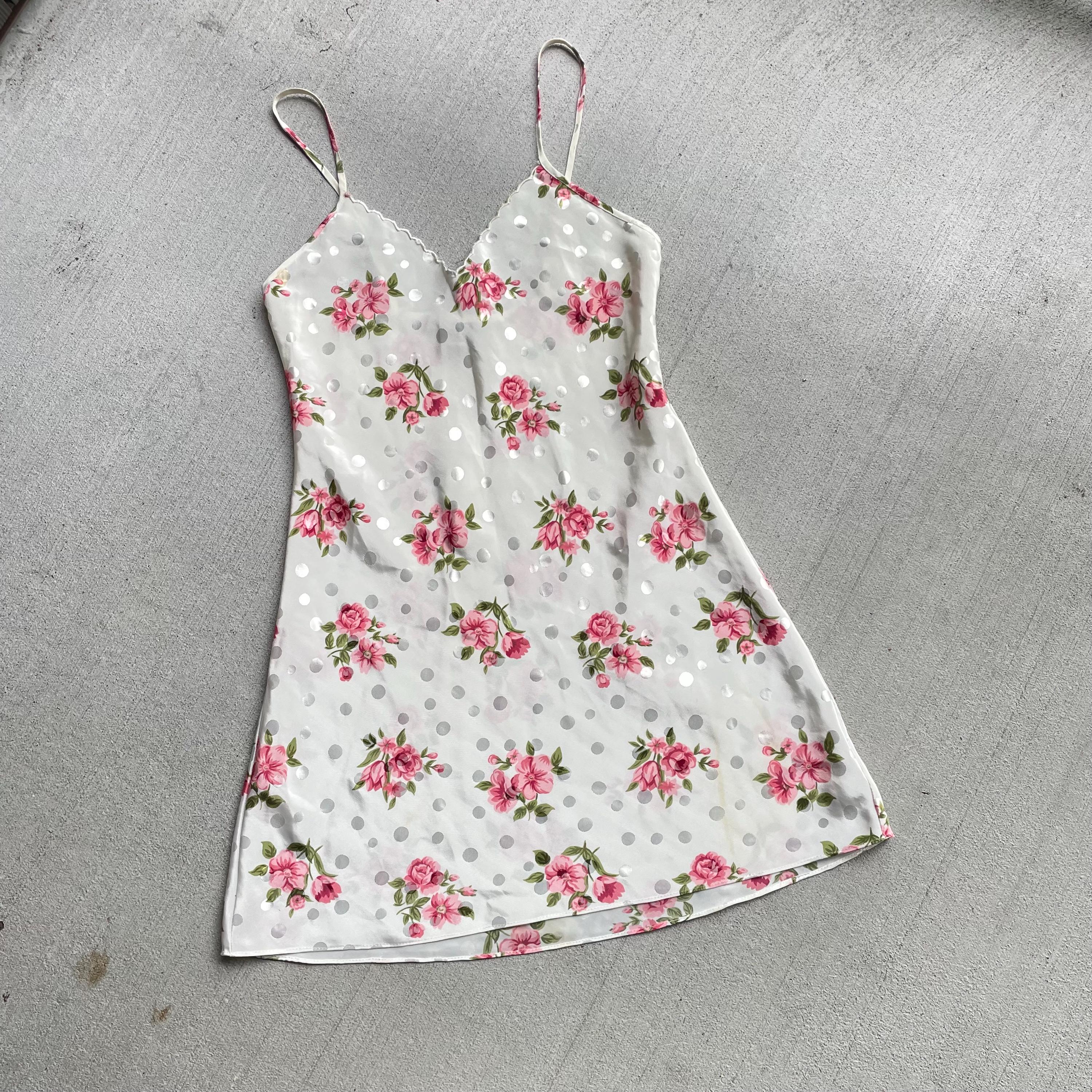 90s vintage white and pink floral polka dot silky sating slip dress coquette cottage size S small Graphic Tee – Warm & Stylish · Top Pick For Any Outfit