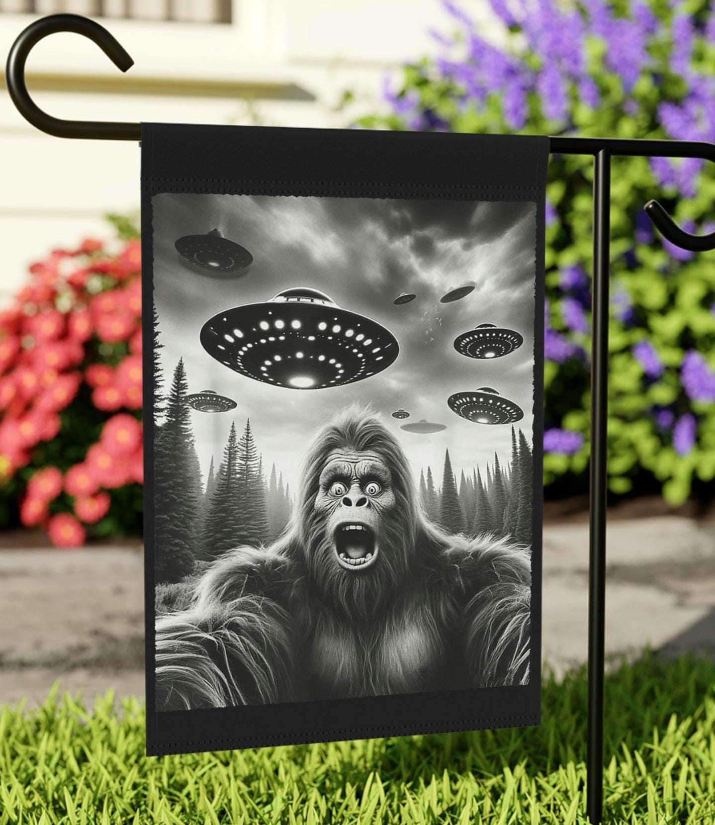 Bigfoot UFO Garden Banner Whimsical Yard Art for Cryptid Lovers Funny Housewarming Gift Unique Patio Decoration Sasquatch Garden Flag Graphic Tee – Aesthetic Look · Perfect For Daily Wear