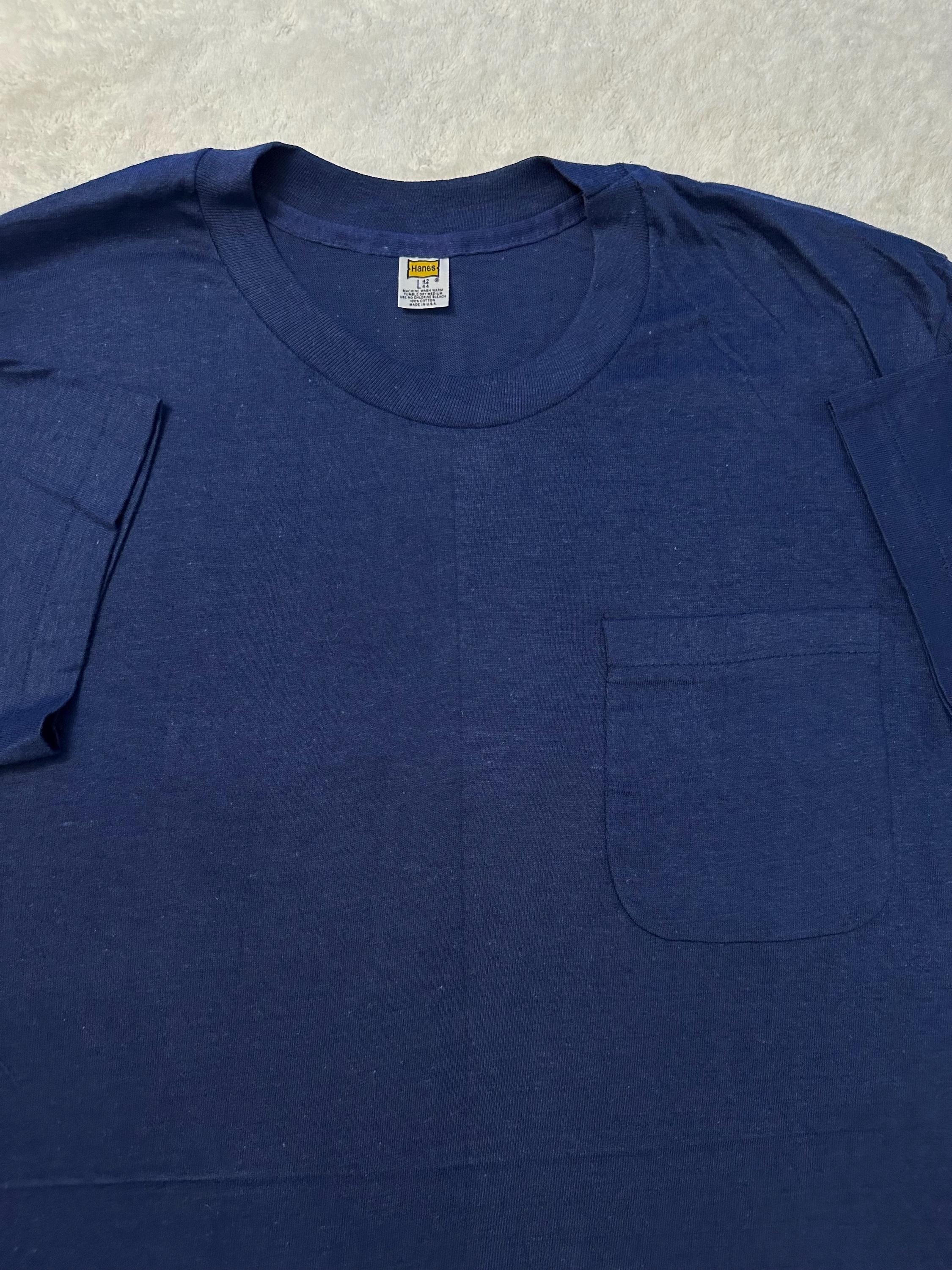 Vintage 1970s 70s Hanes Basic Blank Made In USA Navy Blue Pocket T Shirt L NEW Graphic Tee – Fan Favorite · Perfect For Daily Wear