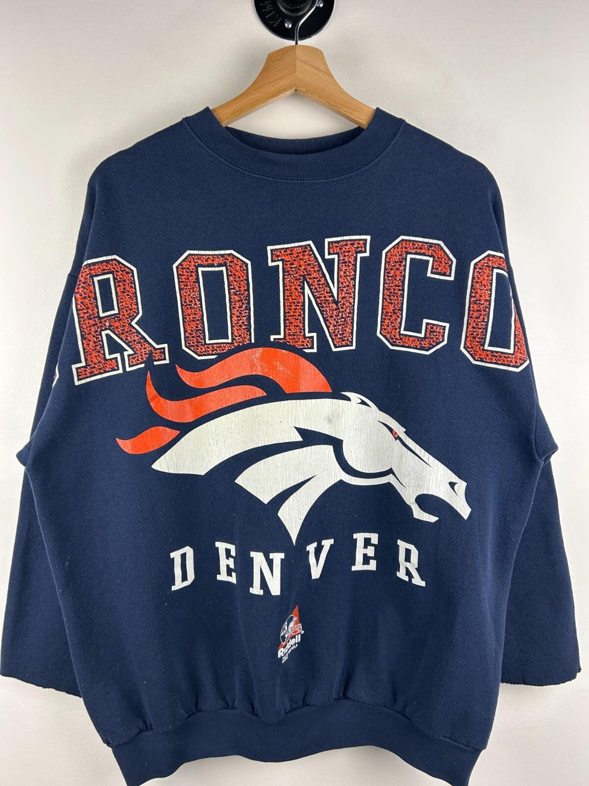 Vintage 90s NFL Riddell Denver Broncos Big Spellout Navy Crewneck Size L Graphic Tee – Premium Graphic · Must-Have Style