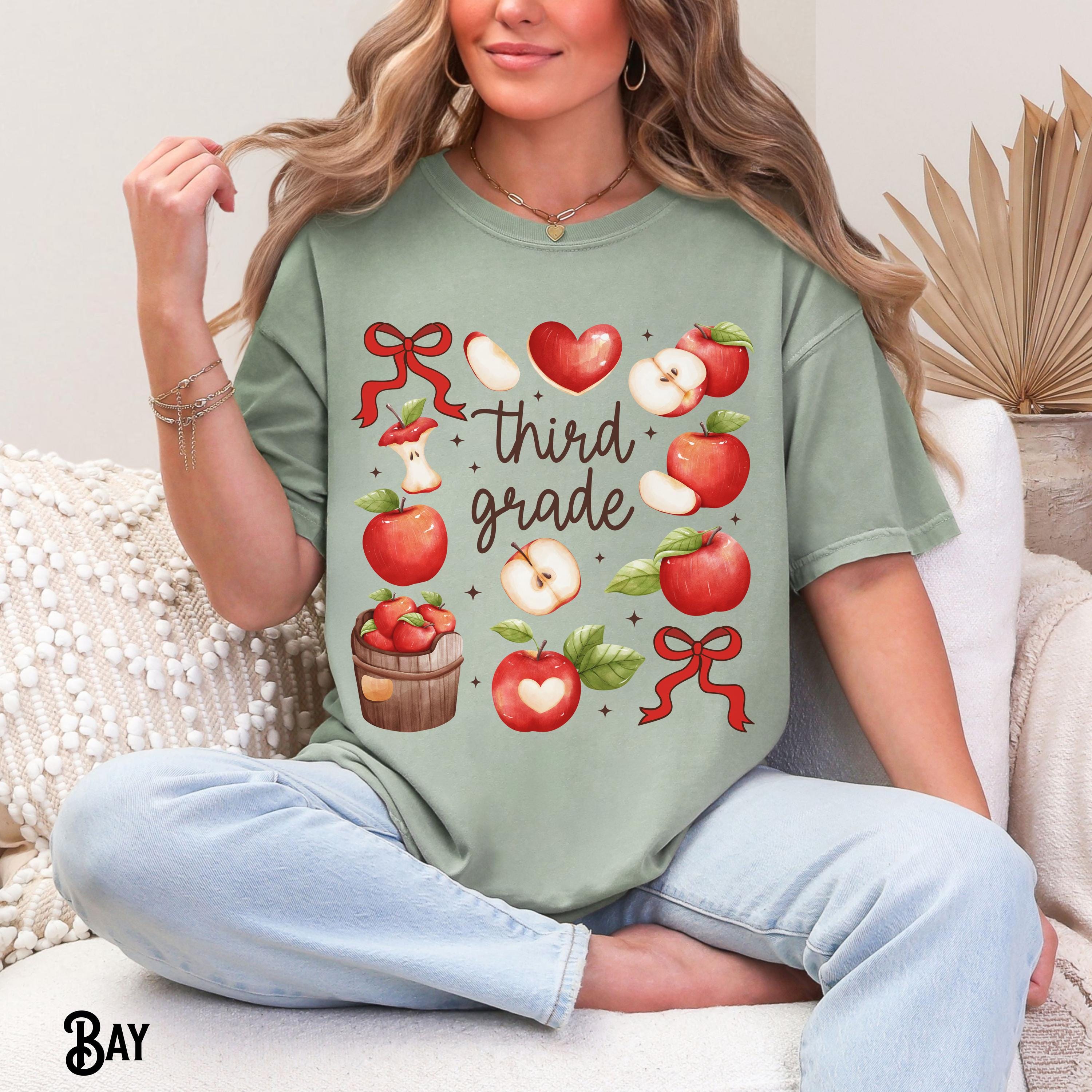 Third Grade Teacher Shirt Teacher Tee 3rd Grade T Shirt Back To School Watercolor Apples Coquette Bow Teacher Gift Graphic Tee – Aesthetic Look · Must-Have Style
