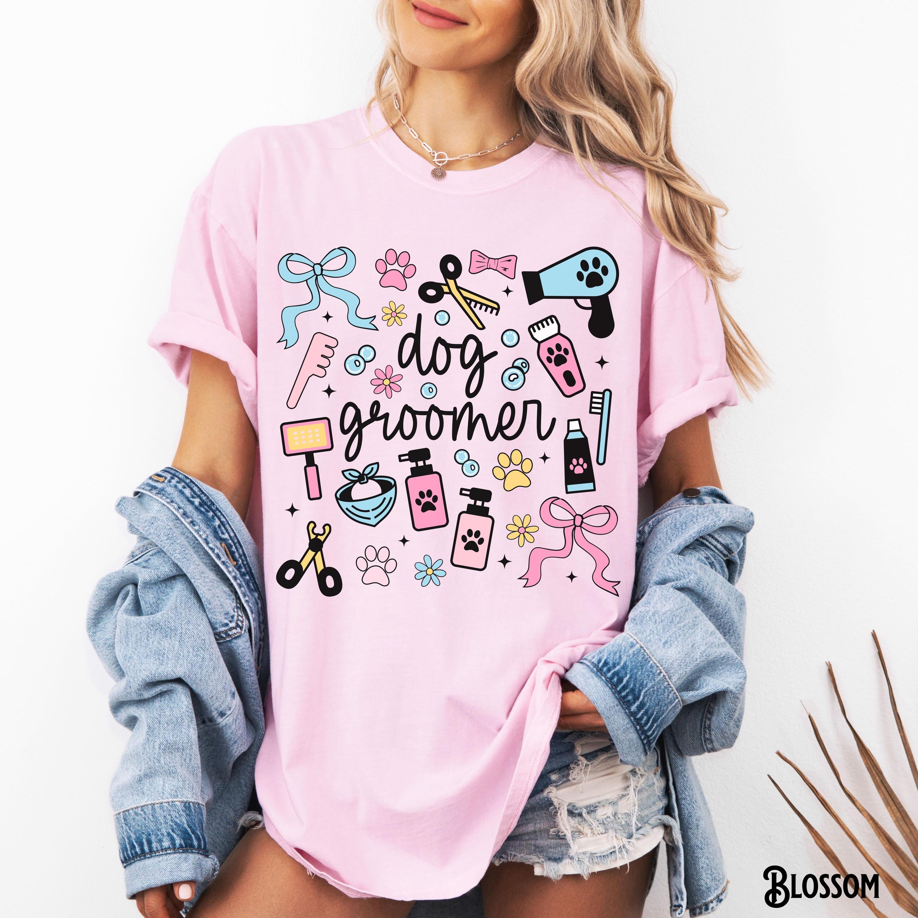 Dog Groomer Shirt Pet Grooming Tee Dog Lover Whimsical Retro Doodle T Shirt Coquette Tshirt Bow Gift for Dog Groomer Graphic Tee – Bold Style · Top Pick For Any Outfit