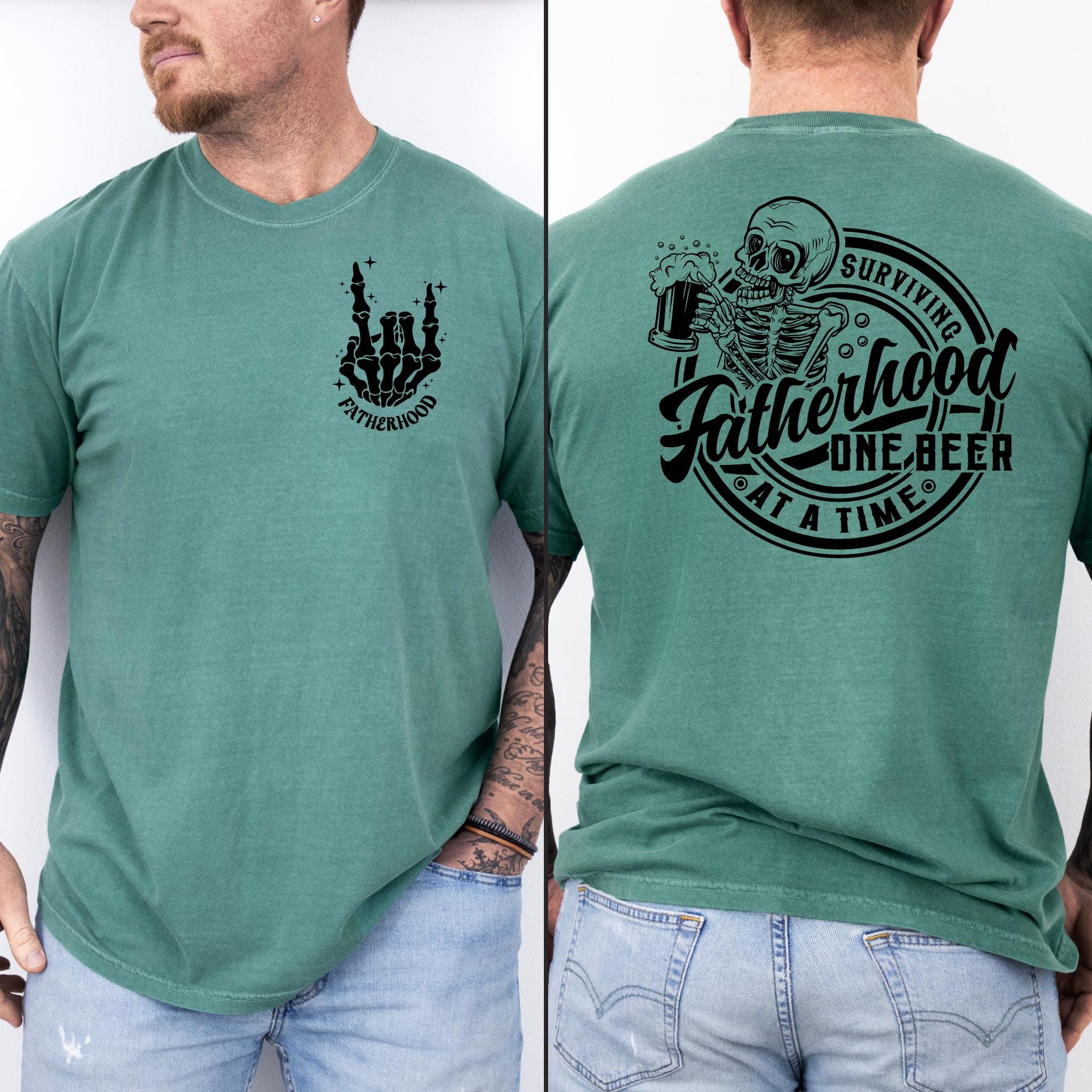 Fatherhood FrontBack Shirt Surviving Fatherhood One Beer At A Time Funny Father Tee gift for Husband Father39s Day Gift Graphic Tee – Cozy Vibes · Perfect For Daily Wear