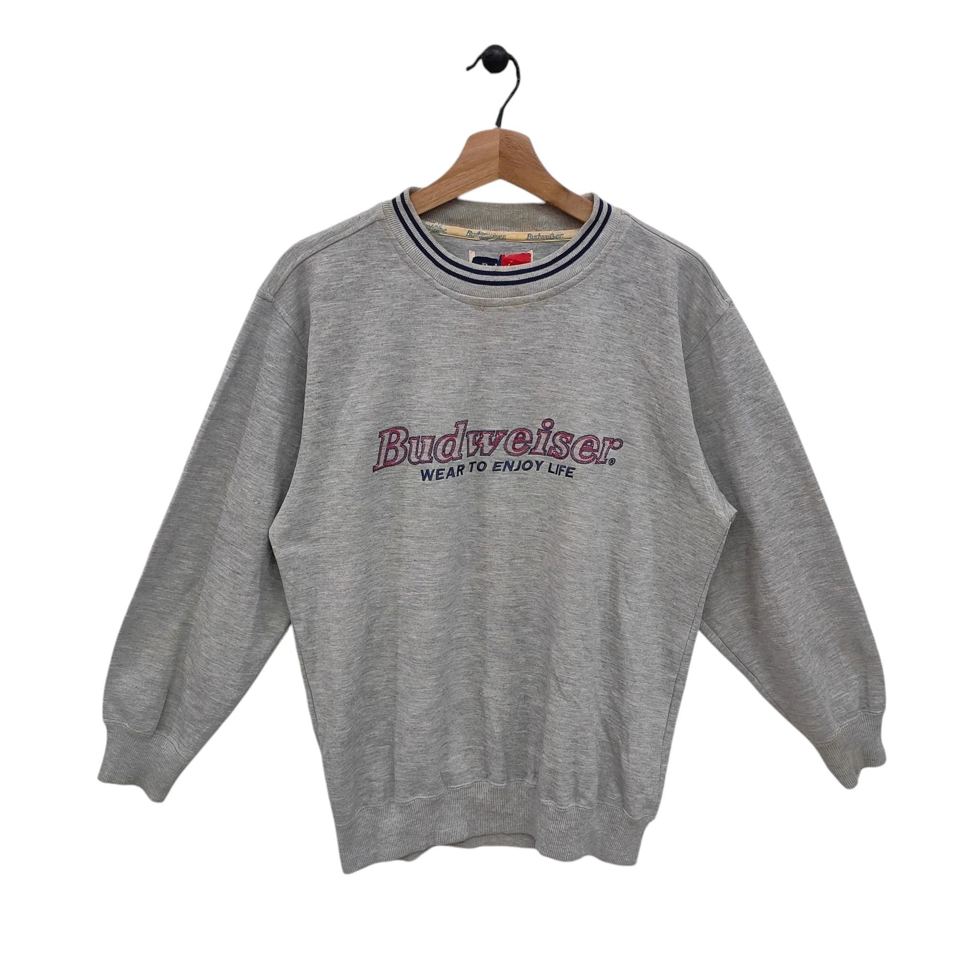 80s Budweiser Sweatshirt Medium Vintage Budweiser wear To enjoy Life Sweater Jumper Crewneck Gray Size M Sweatshirt – Warm & Stylish · Perfect For Daily Wear