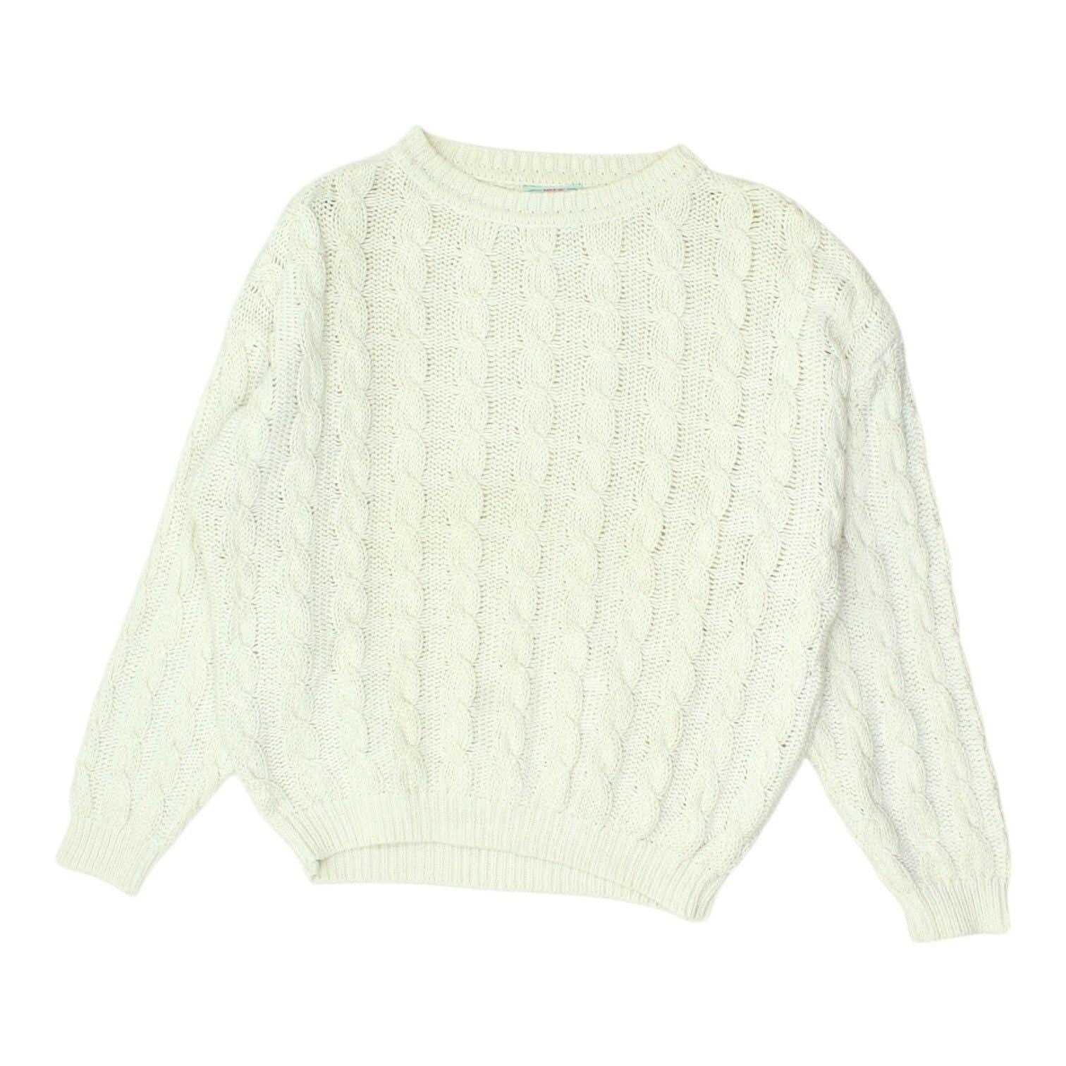 Benetton Cable Knit Sweater Womens White Knitwear Casual Designer Jumper Graphic Tee – Aesthetic Look · Great Gift For Fans