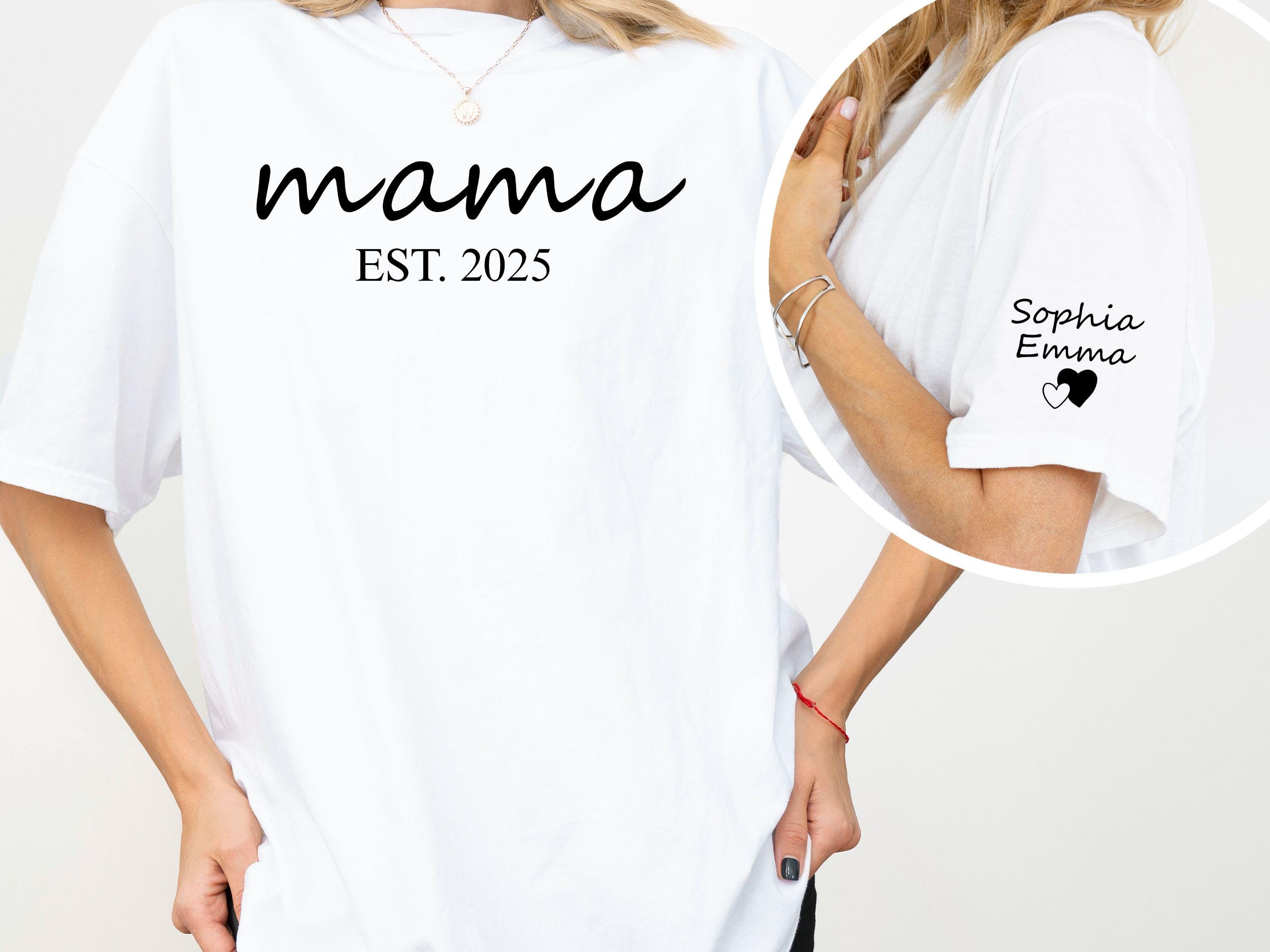 Custom Mama Shirt with Kid Name on Sleeve Personalized Mom Shirt New Mom Birthday Gift Gift for momPregnancy Announcement Graphic Tee – Bold Style · High-Quality Print