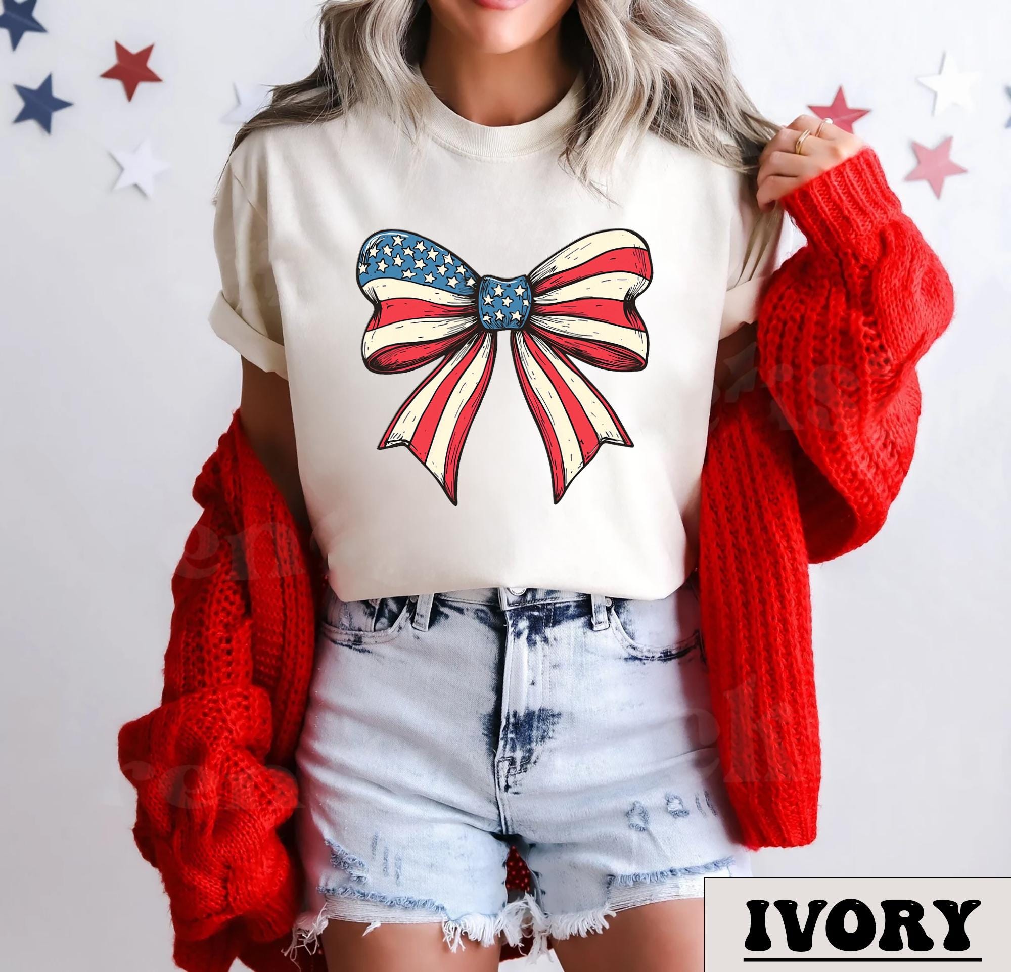 4th of July Shirt Coquette American Flag Shirt USA Bow Shirt 4th of July Tee Women39s Patriotic Shirt Red White and Blue Graphic Tee – Aesthetic Look · Great Gift For Fans