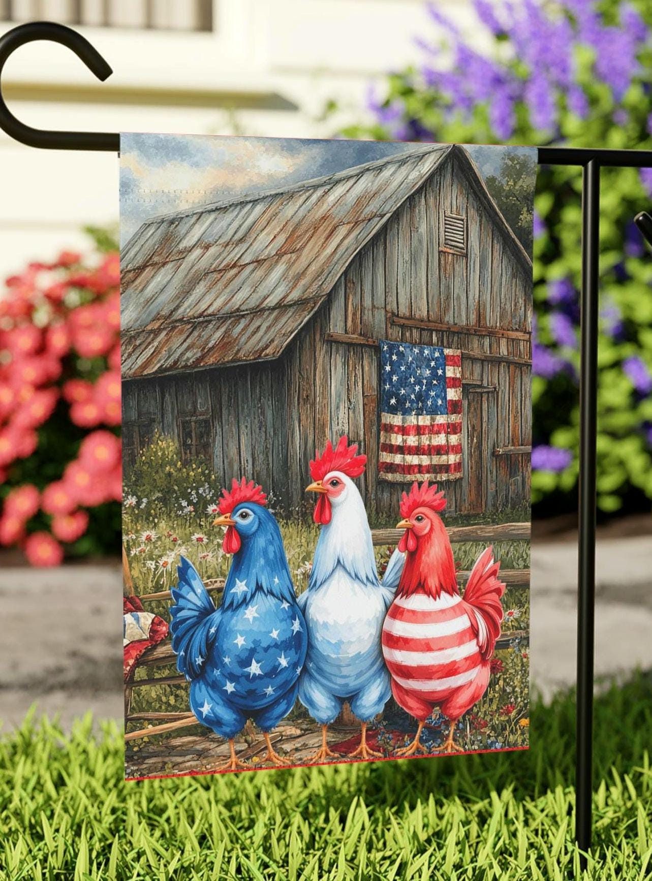 Patriotic Chicken Farm Garden Flag Farming Outdoor Yard Art Americana Farm Welcome Sign Red White Blue Chicken Coop Flag Housewarming Graphic Tee – Feel-Good Design · Must-Have Style