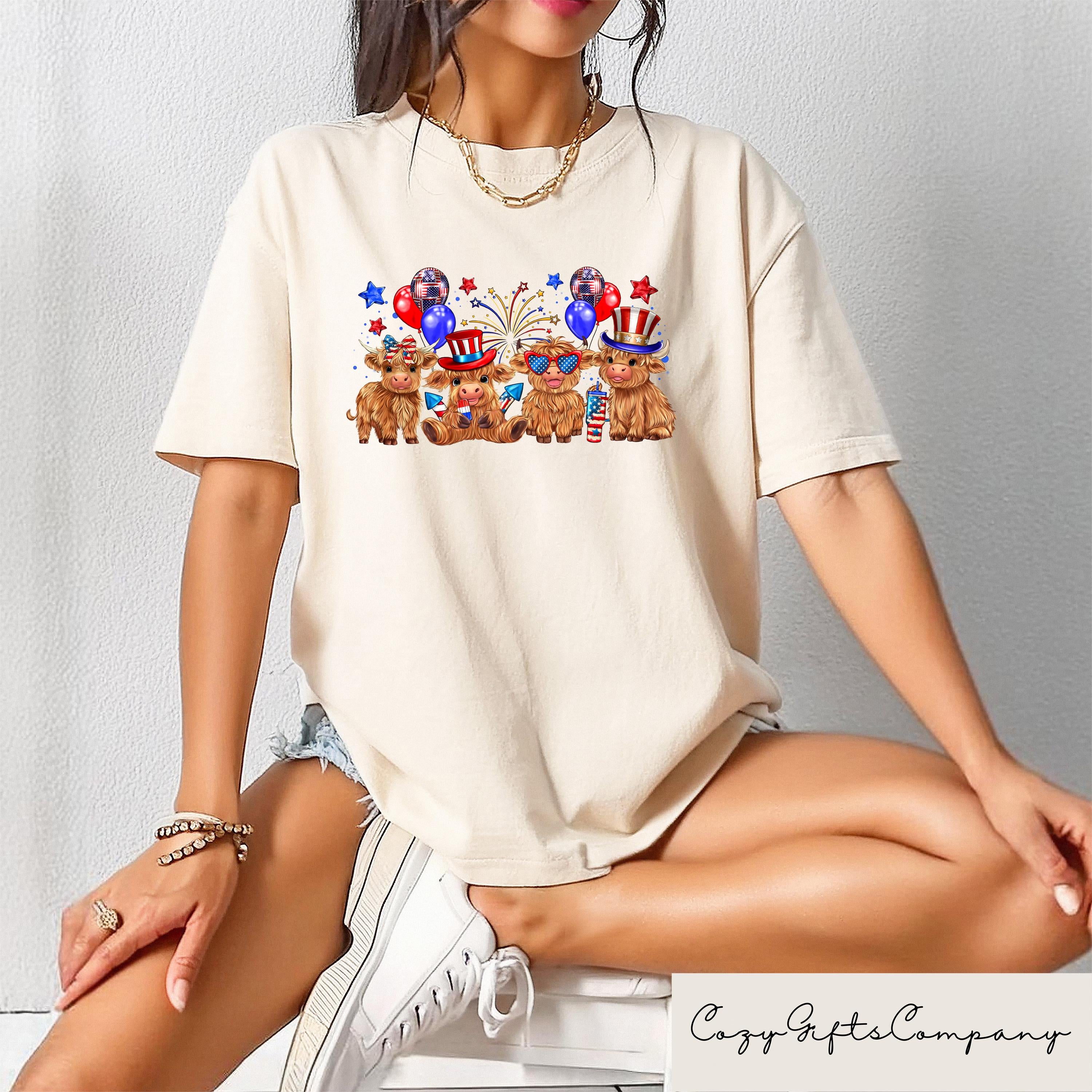 Highland Cow 4th Of July T shirt Funny Independence Day Shirt American Mom Gift Patriotic Cow Tee Western 4th of July Outfit Graphic Tee – Everyday Comfort · High-Quality Print