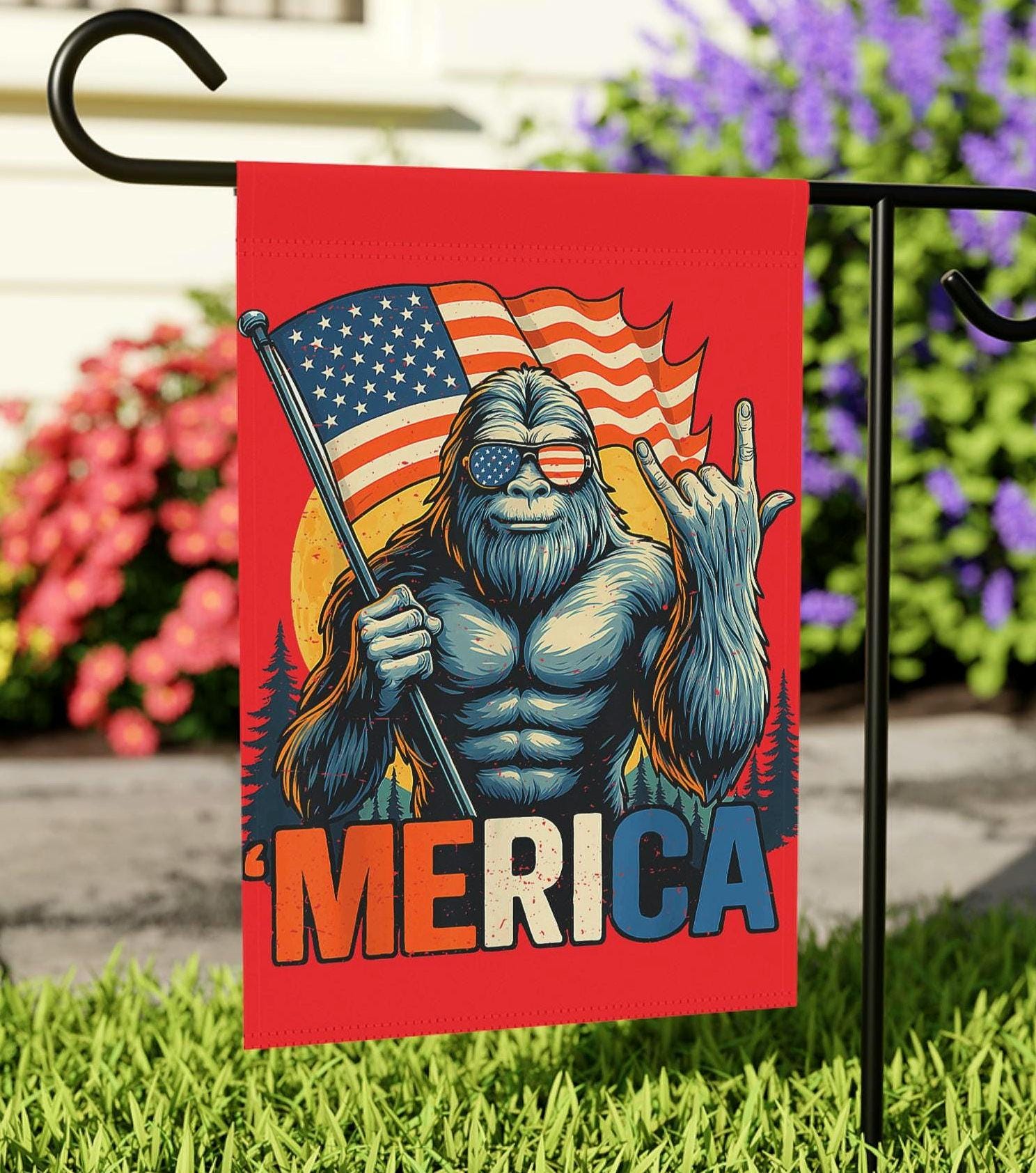 Yeti Garden Flag with Patriotic 39Merica Design Outdoor Decor for Independence Day BBQ Summer Party Fun Garden Flag Housewarming Gift Graphic Tee – Bold Style · Great Gift For Fans