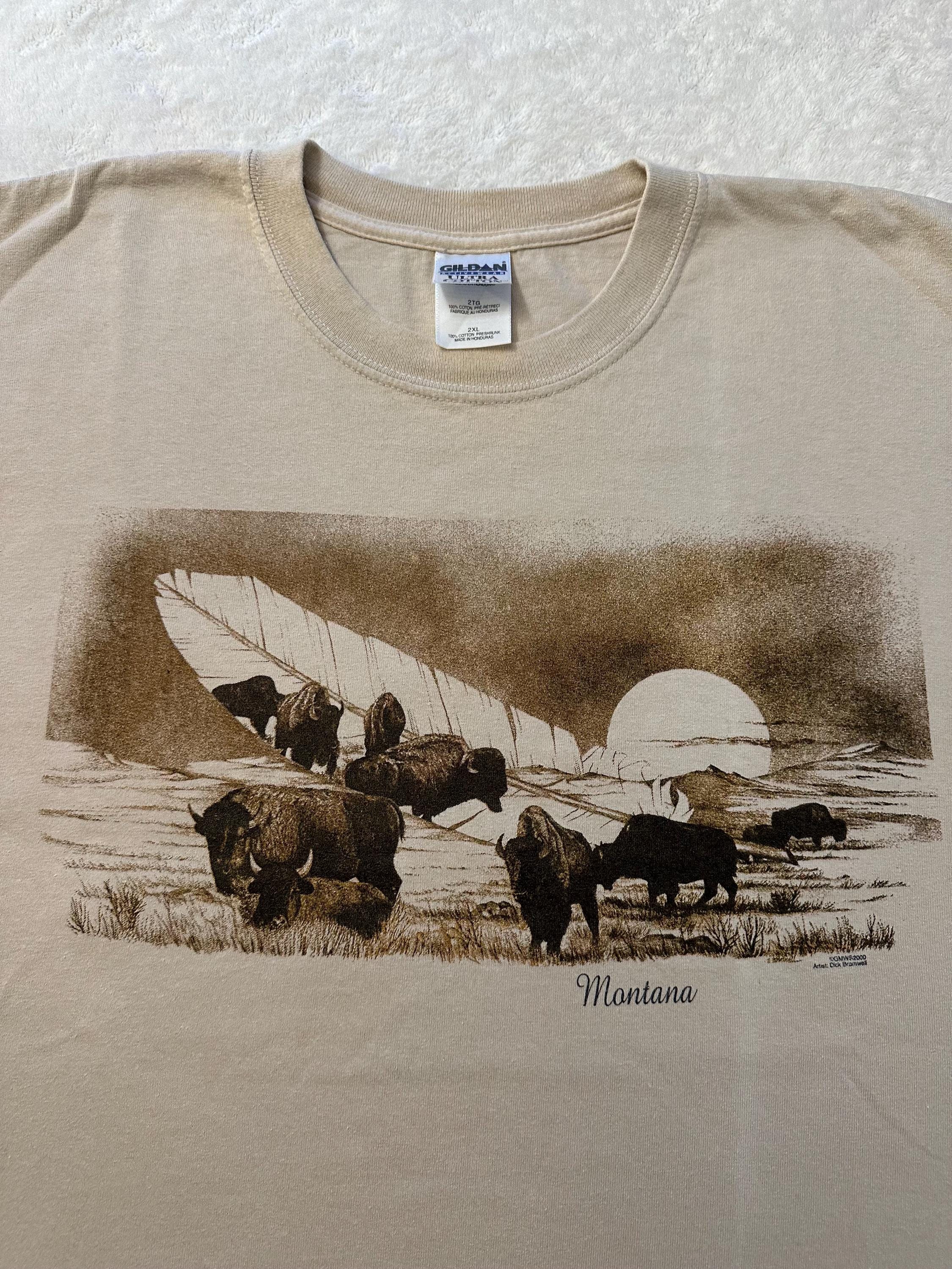 Vintage 2000s Y2K Montana Buffalo Native Feather Sunset Art Graphic T Shirt XXL Graphic Tee – Cozy Vibes · Perfect For Daily Wear