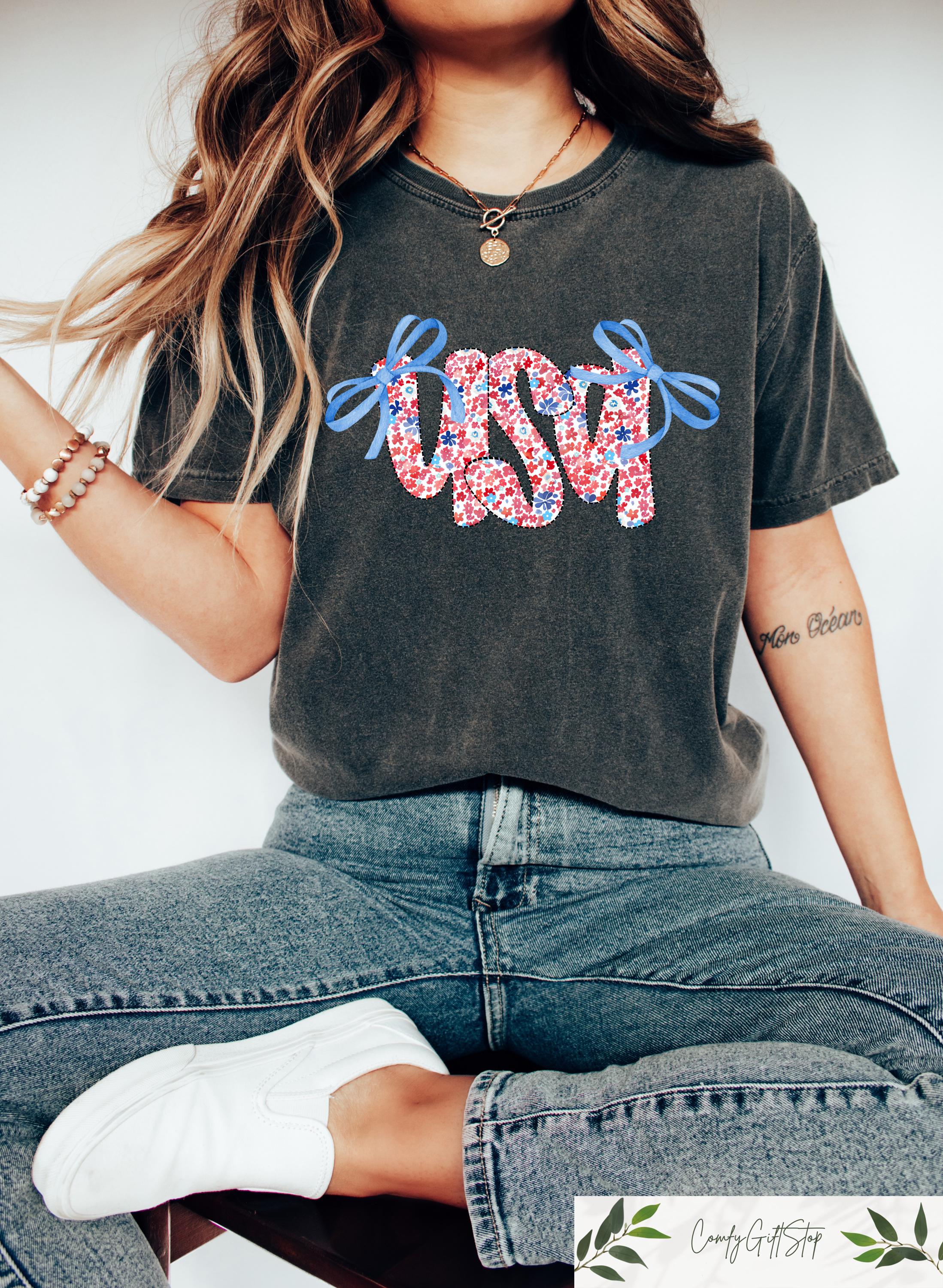 Retro Comfort Coquette USA T shirt 4th Of July Shirt Cute American Sweatshirt Girly Fourth Of July Gift Patriotic American Crewneck Sweatshirt – Bold Style · Perfect For Daily Wear