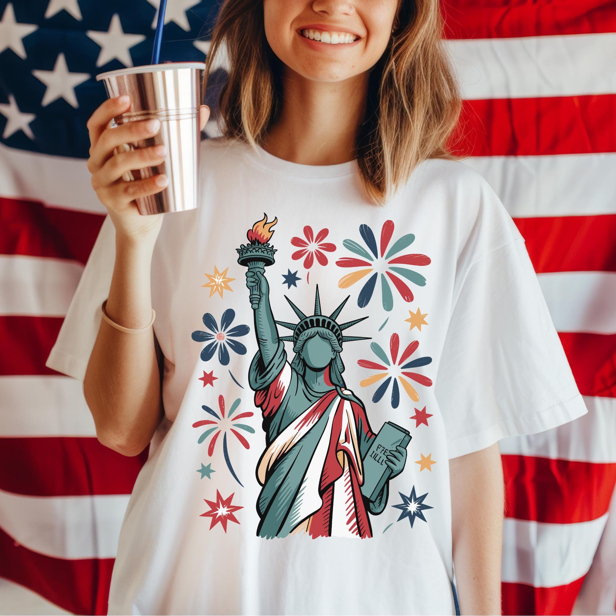 Statue of Freedom Draw 4th Of July Shirt Patriotic Mom Tee Trendy American Tee Gift for Usa Women USA Women shirt Watercolor USA shirt Graphic Tee – Soft Feel · High-Quality Print