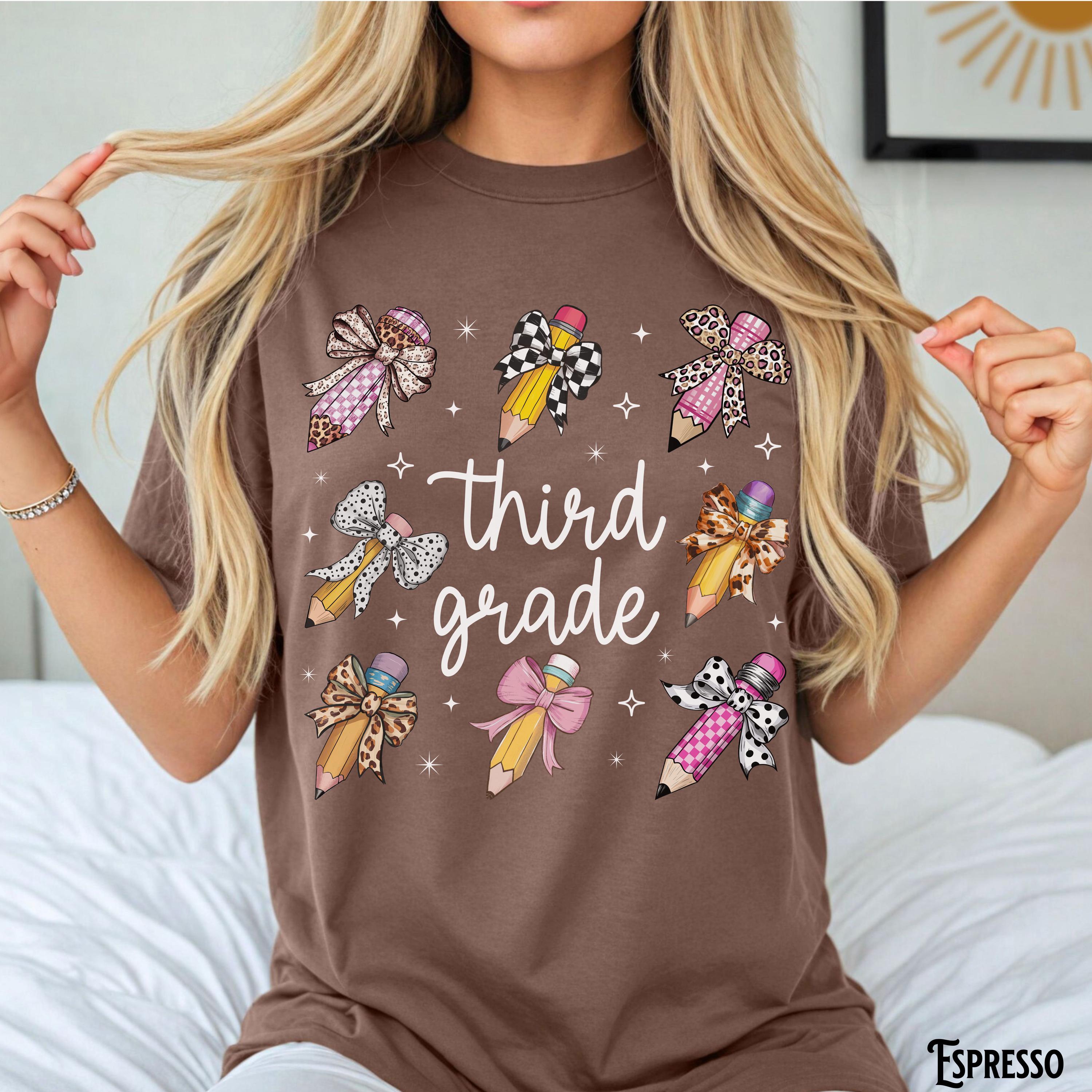 Third Grade Teacher Shirt Teacher Tee 3rd Grade T Shirt Back To School Coquette Bow Leopard Pencils Gift For Teacher Graphic Tee – Warm & Stylish · Trending Graphic Apparel