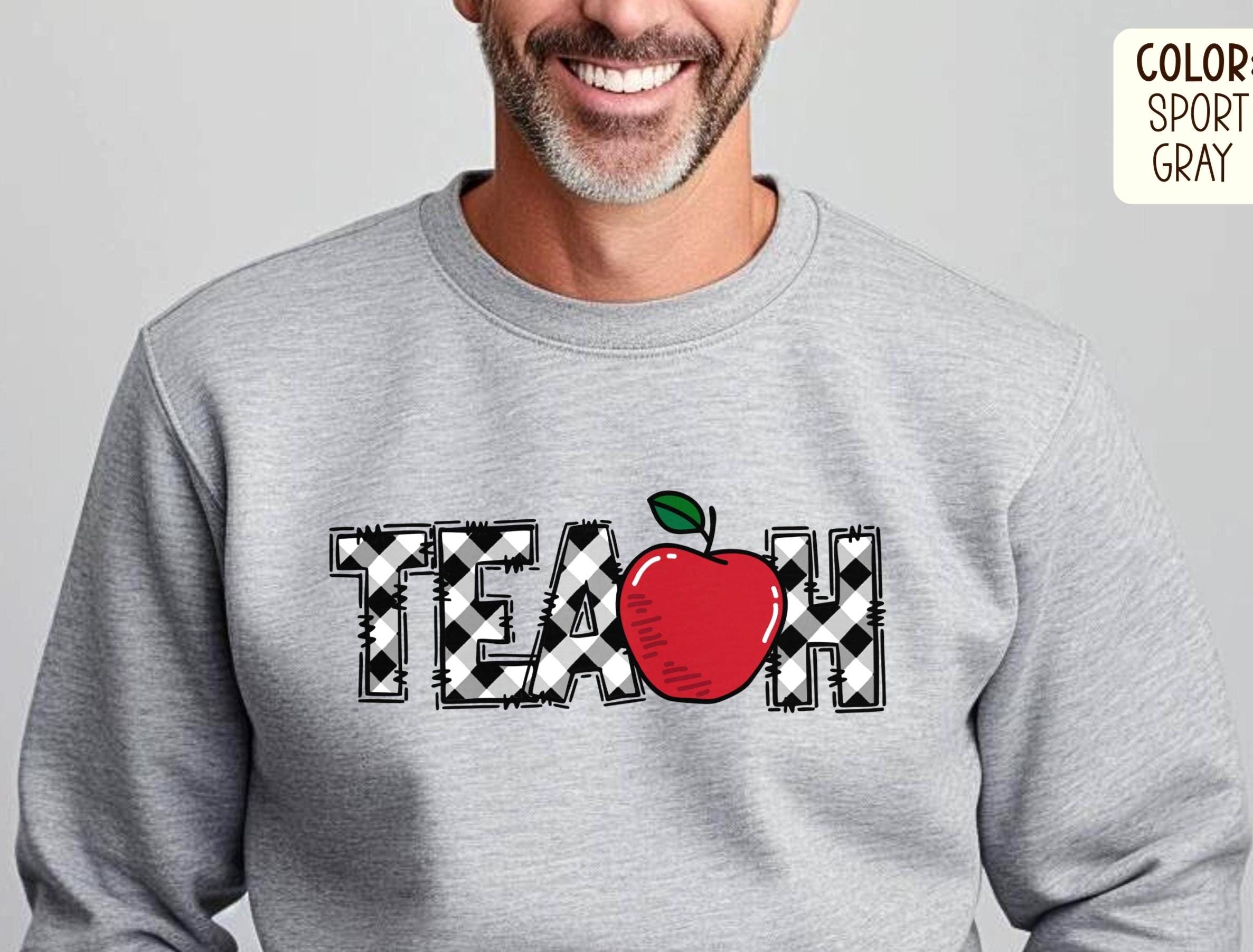 TEACH Sweatshirt Apple Teacher Crewneck Back to School Gift for Teacher Retro Gingham Teacher Sweatshirt Teacher Appreciation Sweatshirt – Bold Style · High-Quality Print