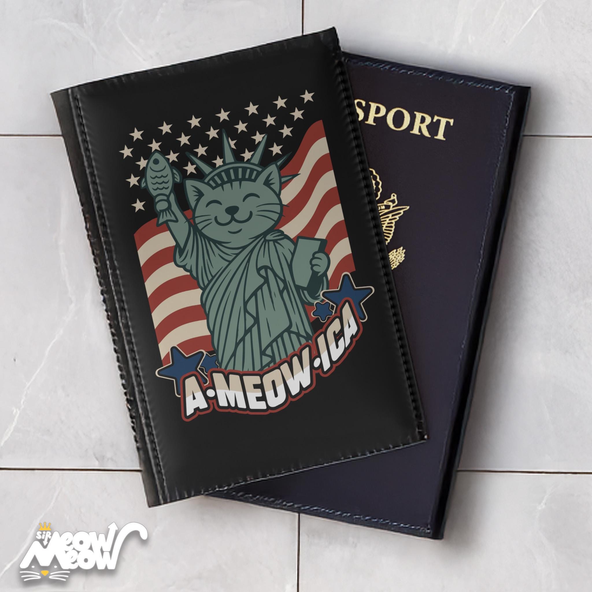 A Meow ica Passport Cover RFID Blocking Cat Statue of Liberty Holder Black Faux Leather Travel Wallet Funny 4th of July Gift Graphic Tee – Bold Style · Trending Graphic Apparel