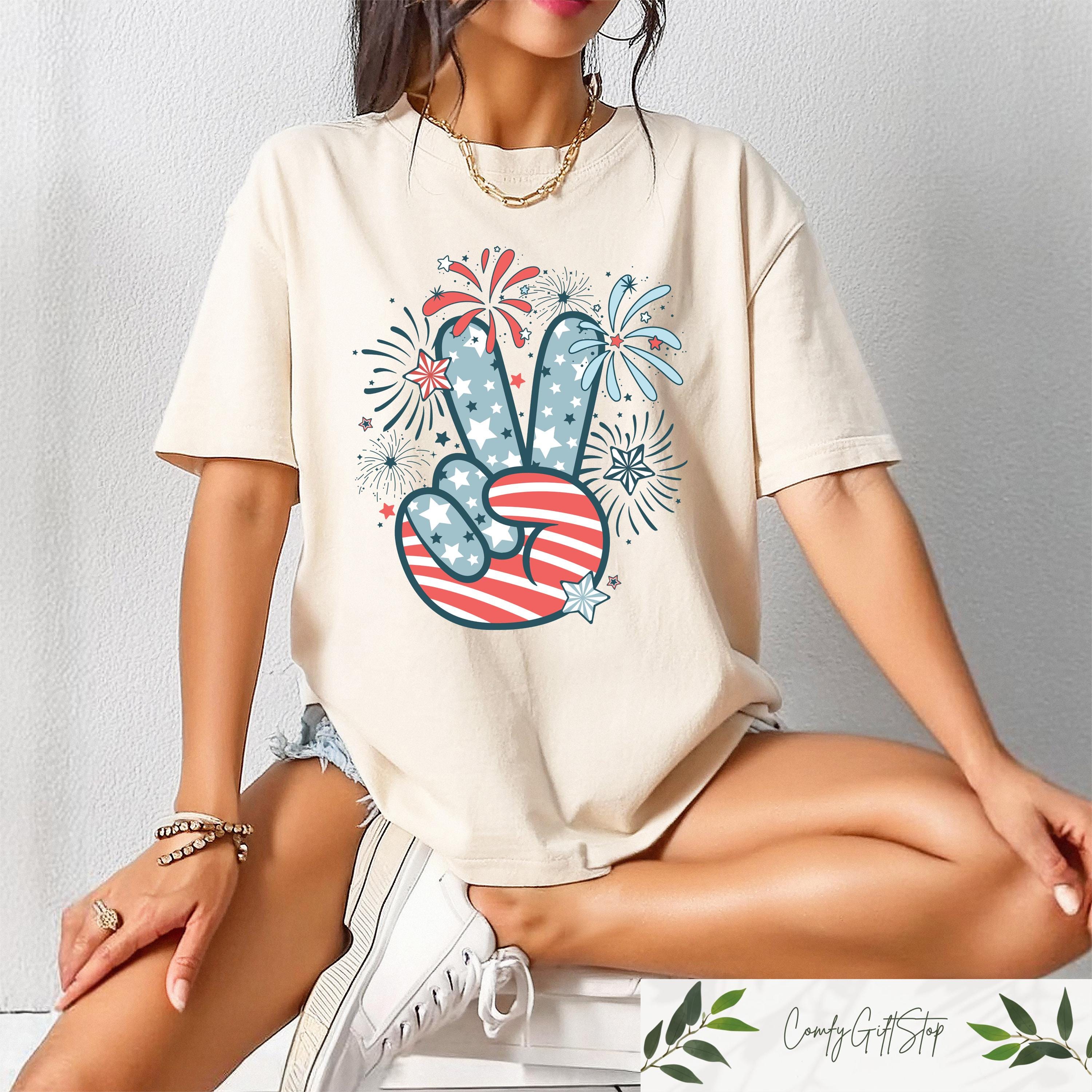 Retro Comfort 4th Of July Shirt Groovy Fourth Of July T shirt Women39s Independence Day Gift USA Peace Shirt Stars And Stripes Outfit Graphic Tee – Bold Style · Perfect For Daily Wear