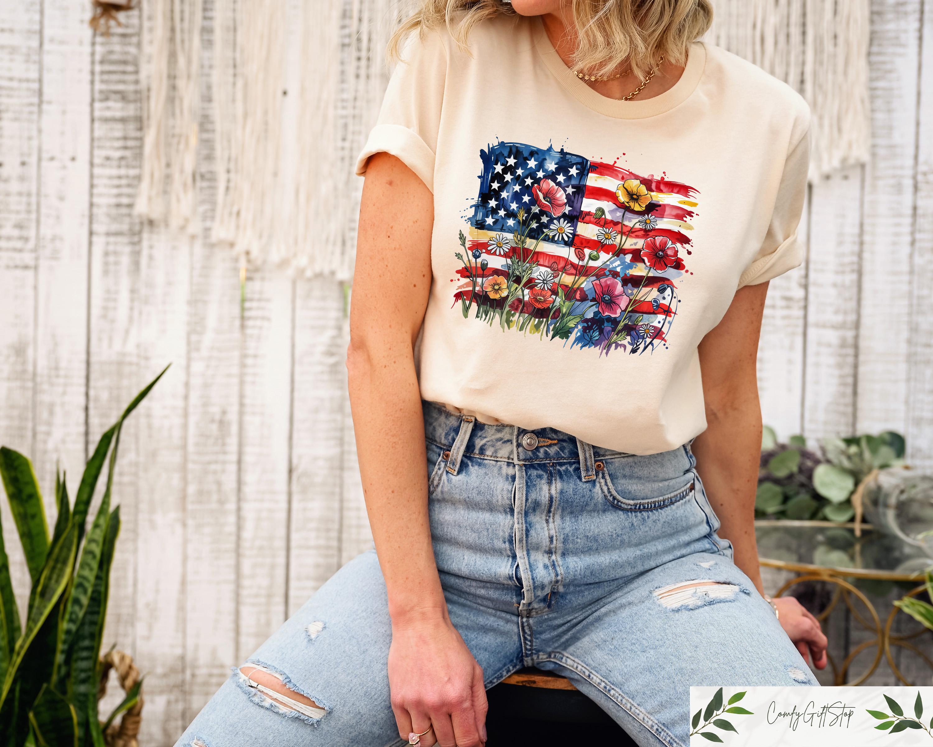Floral American Flag Shirt 4th Of July Tshirt Women39s Independence Day Gift Patriotic Girl Tee USA Flag Outfit Red White And Blue Shirt Graphic Tee – Soft Feel · Great Gift For Fans