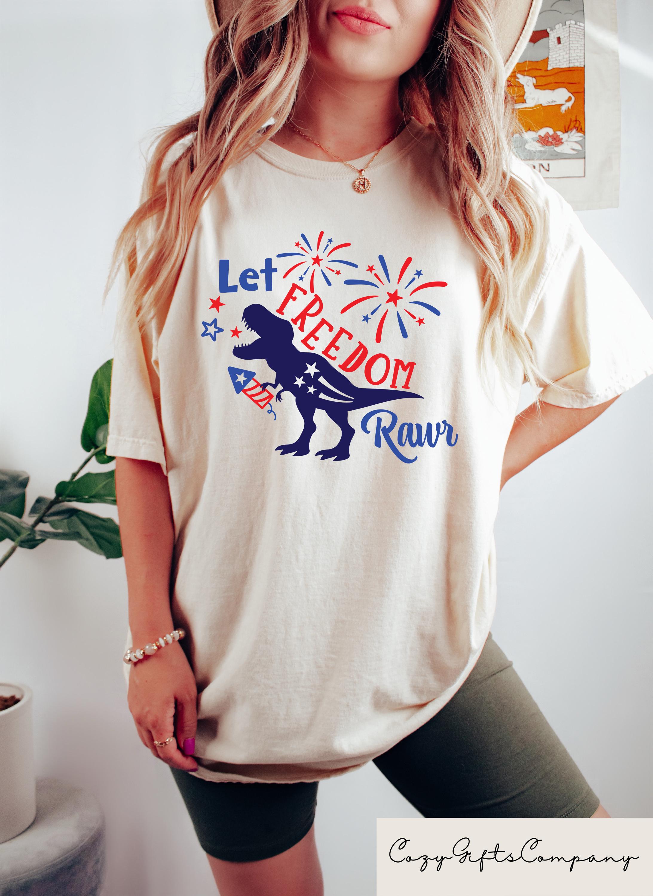 Retro Comfort 4th Of July T shirt Let Freedom Rawr Shirt Patriotic Dinosaur Crewneck American Kids Gift Independence Day Outfit Graphic Tee – Warm & Stylish · Perfect For Daily Wear