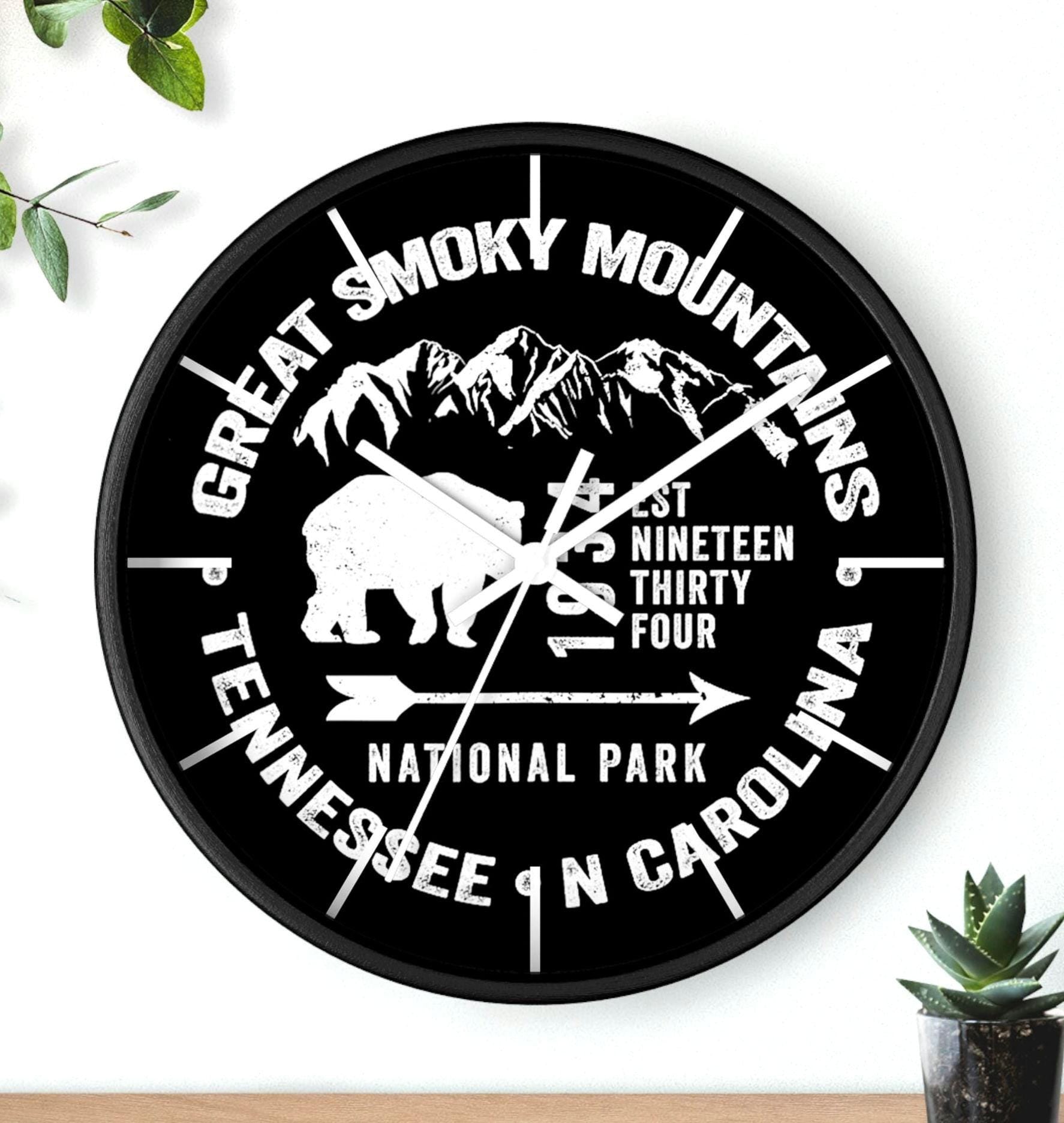 Mountain Wall Clock Smoky Mountains Decor Tennessee Carolina Rustic Cabin Decor Wilderness Theme Clock Adventure Clock Housewarming Graphic Tee – Warm & Stylish · Great Gift For Fans
