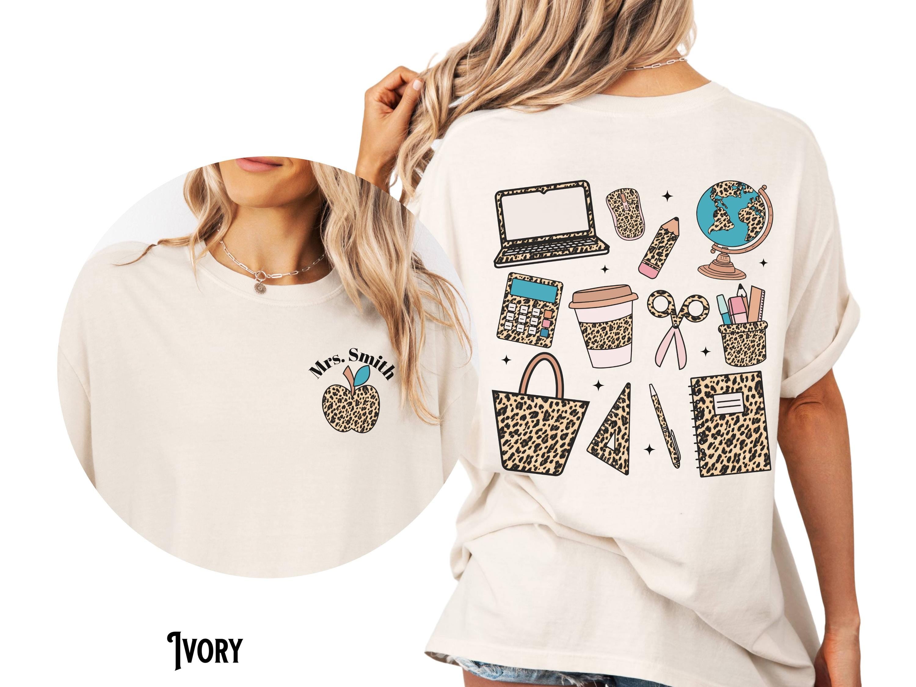 Personalized Teacher Shirt Custom Teacher Tee Leopard Print School Supplies Front and Back Name Apple Teacher Gift Graphic Tee – Fan Favorite · Must-Have Style