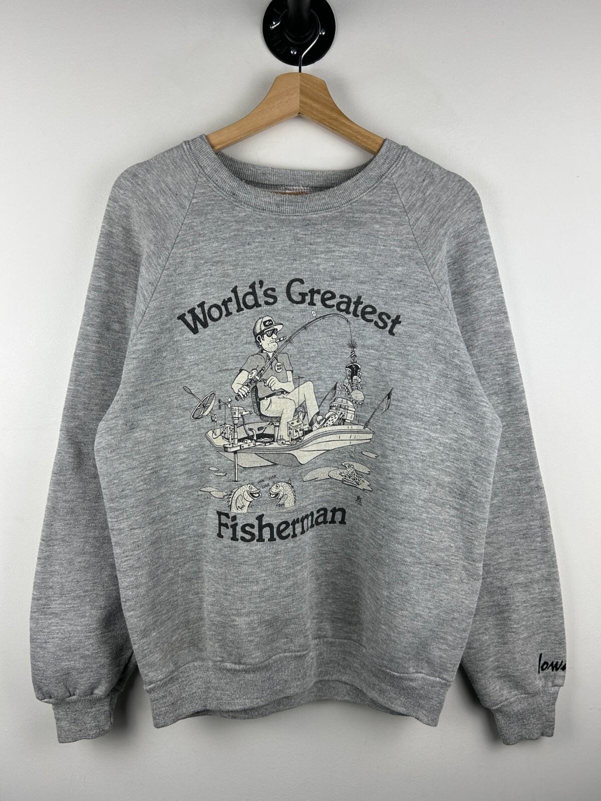 Vintage 80s Jerzees Russell Athletic Worlds Greatest Fisherman Grey Crewneck L Graphic Tee – Easygoing Wear · High-Quality Print