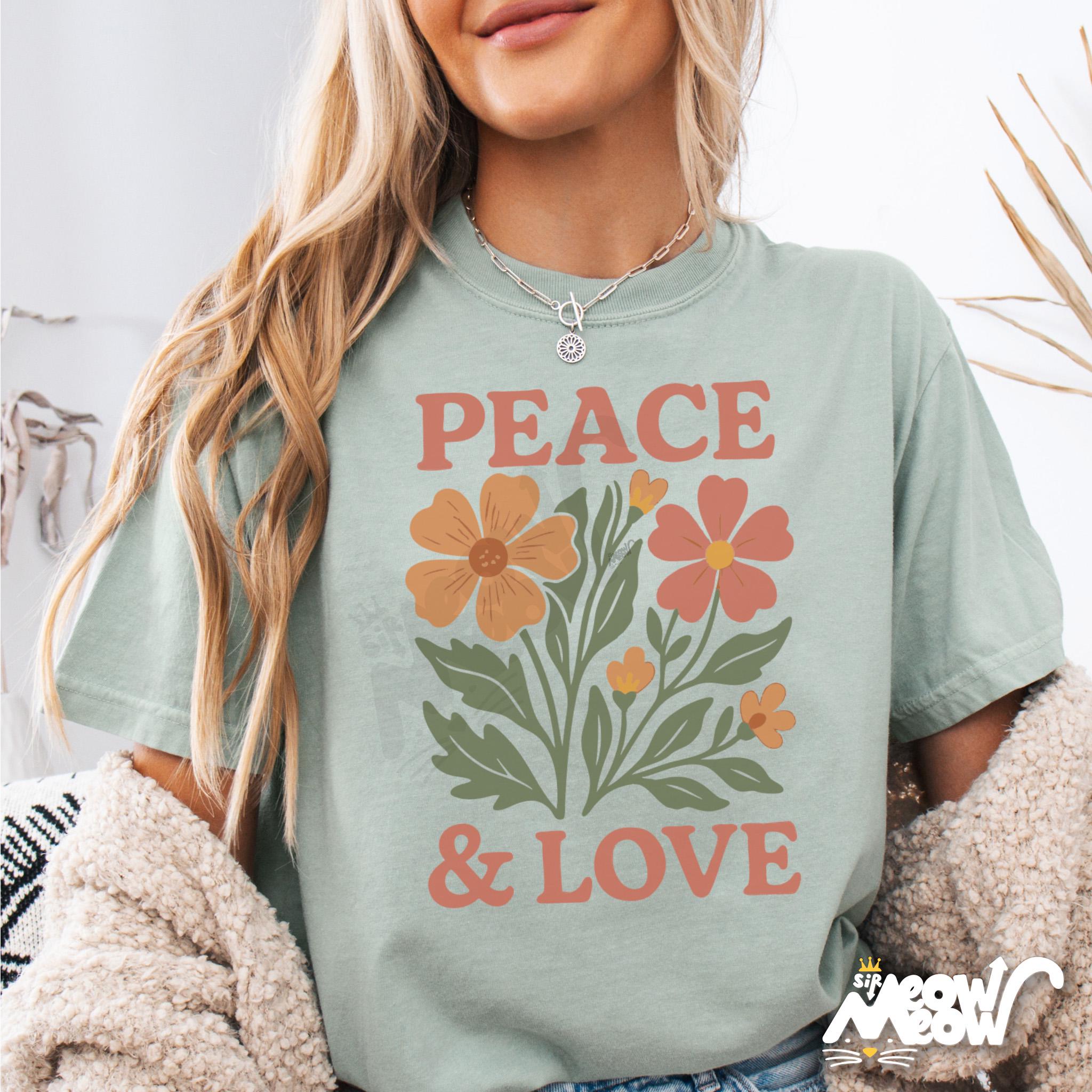 Peace and Love T Shirt Retro Floral Graphic Tee 100 Cotton DTG Print Groovy Hippie Gift for Her S 4XL Graphic Tee – Soft Feel · Must-Have Style