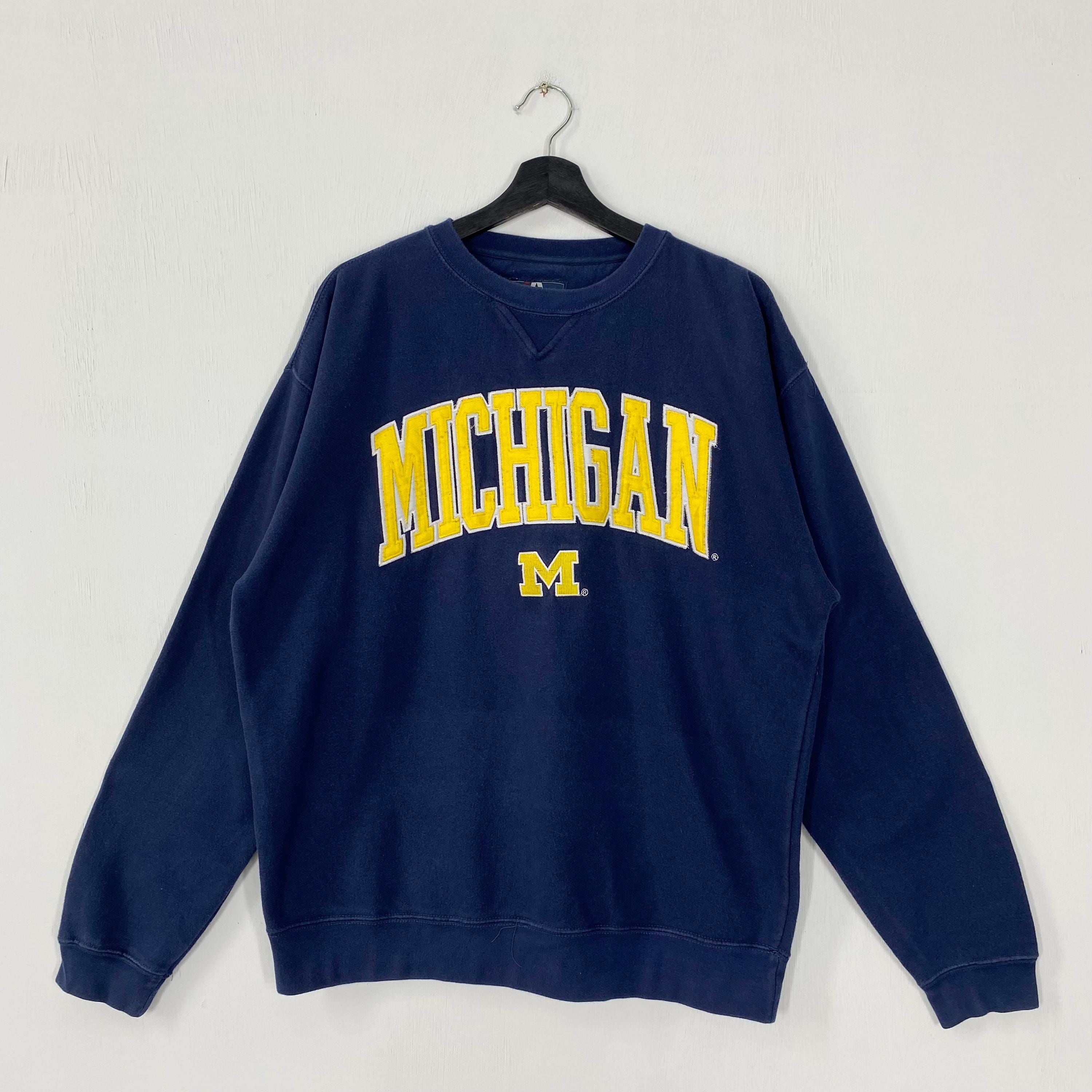 Vintage University Michigan Sweatshirt University Michigan Crewneck Michigan Sweater Pullover Michigan Wolverines Patch Logo Blue Large Sweatshirt – Bold Style · Trending Graphic Apparel
