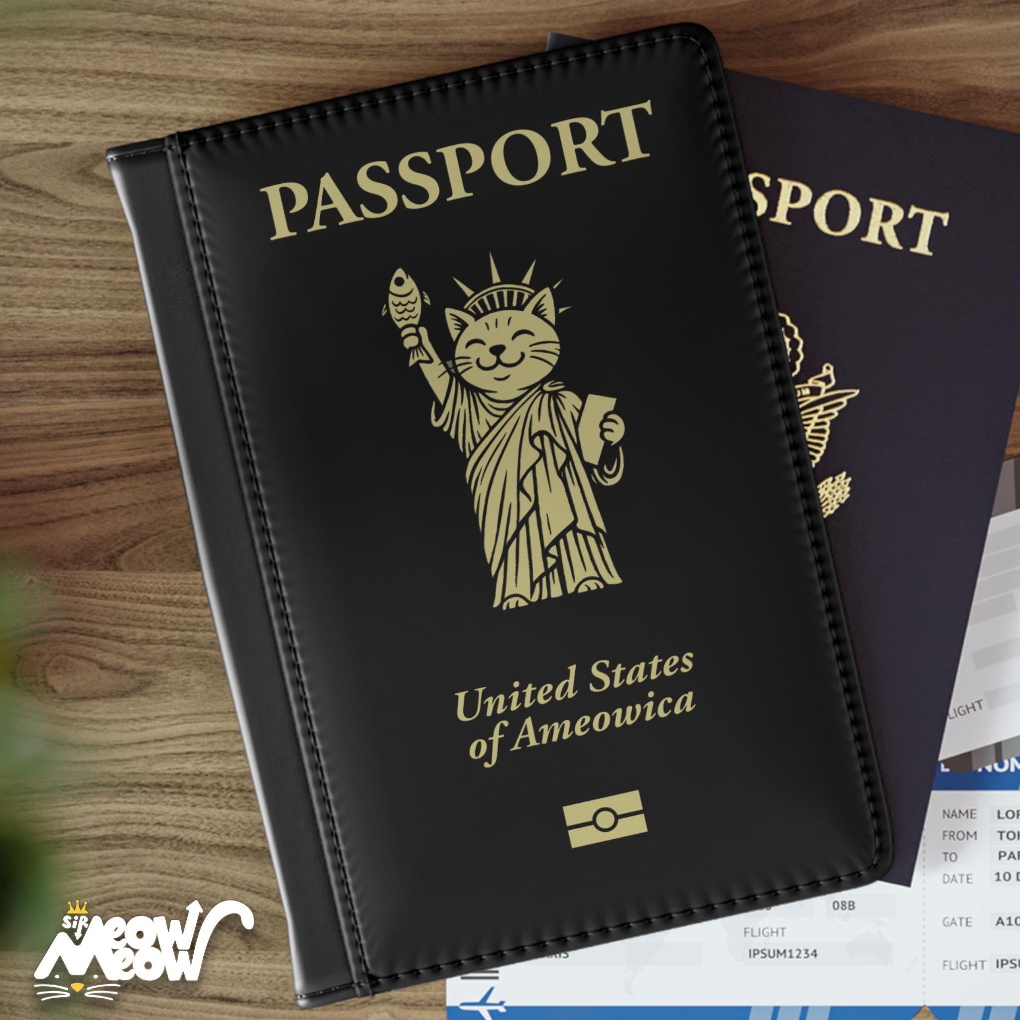 United States of Ameowica Passport Cover RFID Blocking Cat Statue of Liberty Black Gold Faux Leather Travel Gift for Cat Lovers Graphic Tee – Feel-Good Design · High-Quality Print