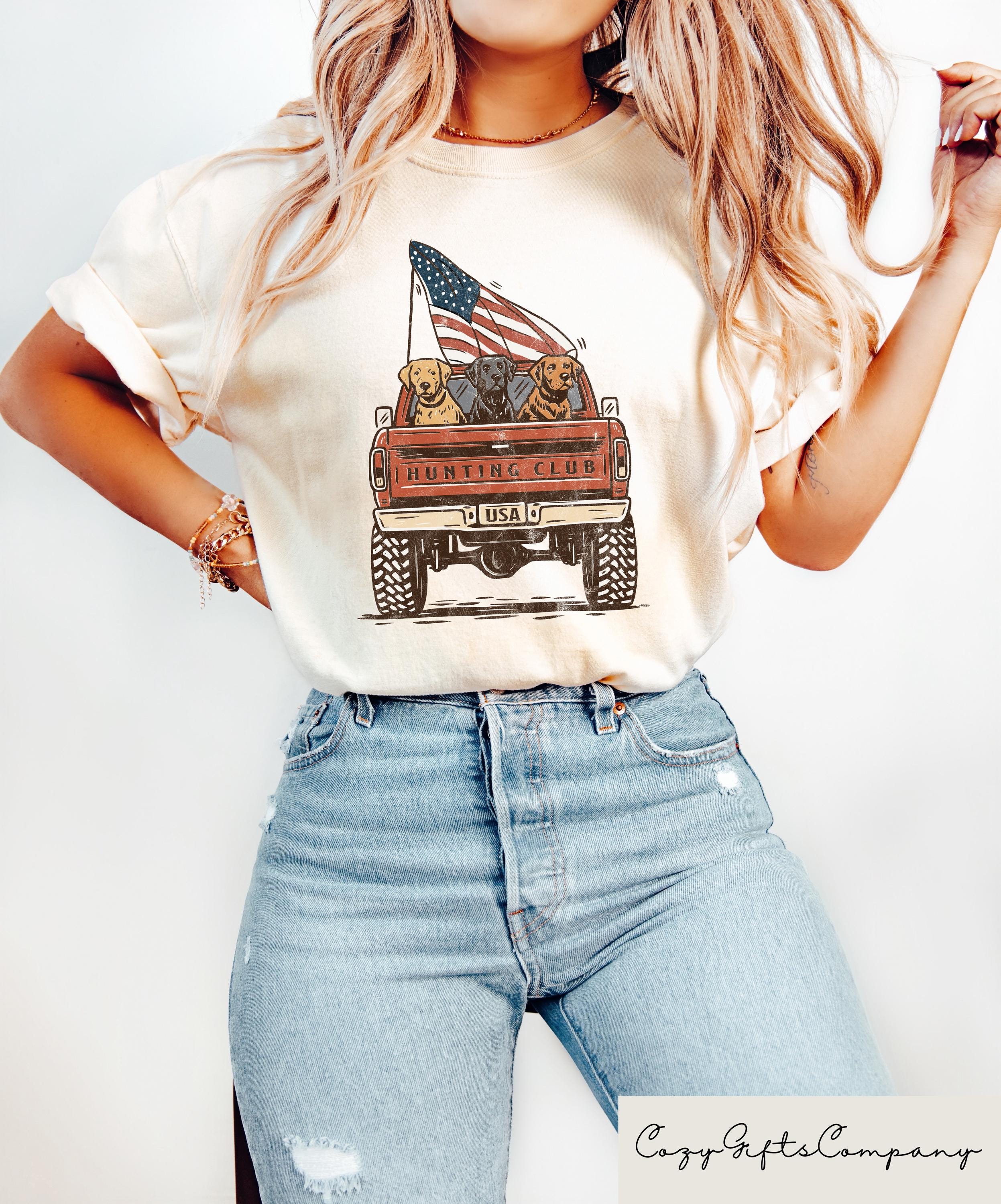 Retro Comfort Labrador Hunting Club T shirt Patriotic Dog Shirt 4th Of July Gift USA Flag Truck Crewneck American Dog Mom Shirt Graphic Tee – Aesthetic Look · Great Gift For Fans